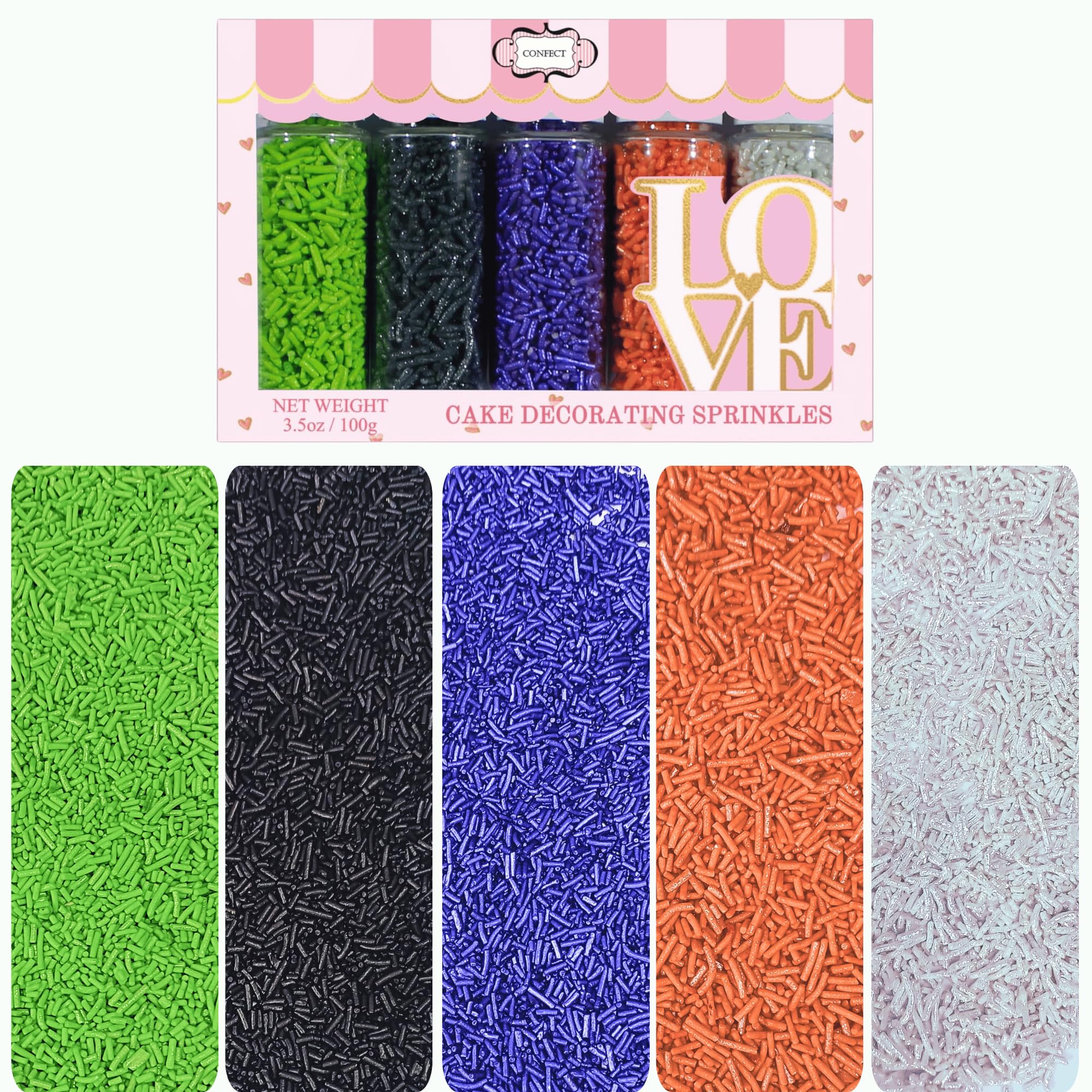 Confect Feast of Fears Sprinkles – Edible Jimmies Mix in Silver, Orange, Irish Purple, Black & Lime Green – Halloween Vermicelli Sprinkles for Cake, Cupcake, Cookie & Dessert Decoration- 140 Gms