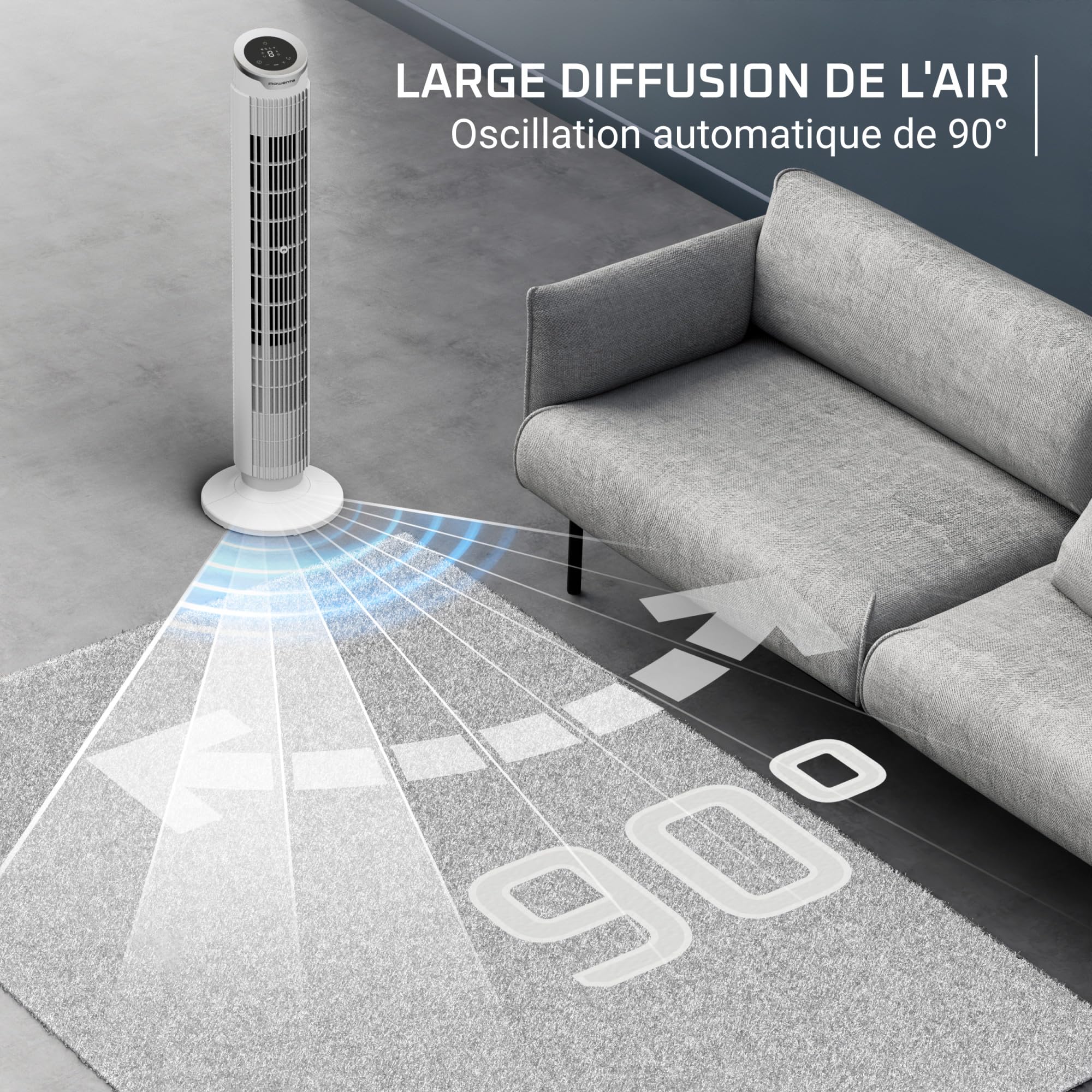 Rowenta Eole Silence Force Ventilateur Colonne, 1900 m³/h, Jusqu'à 10 m/s, Silencieux 22 dB(A), Moteur Effitech, 8 Vitesses, 4 Modes, Oscillation 90°, Télécommande, VU7025F0