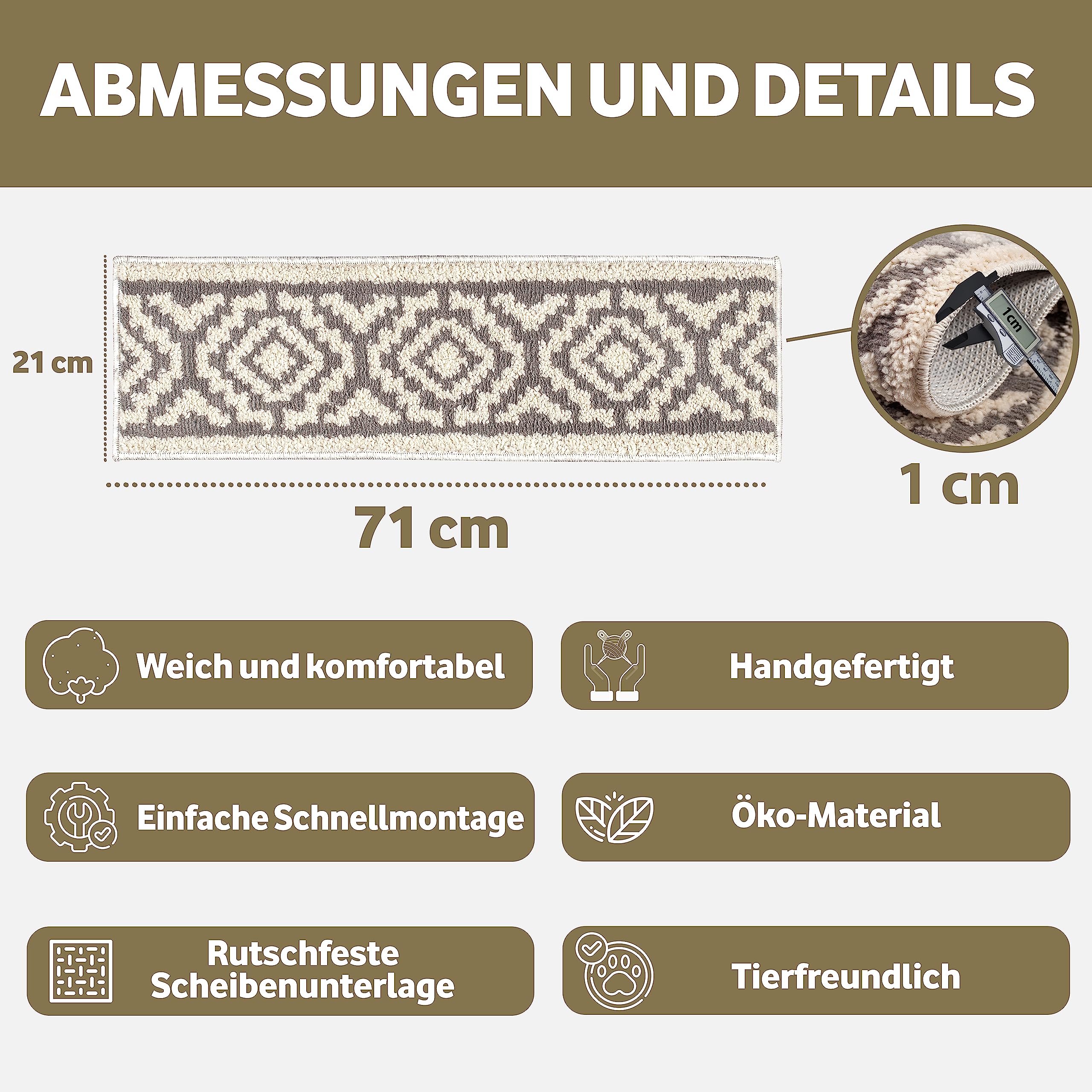 Maty na schody – maty na schody wewnątrz, zestaw 15 sztuk, 71 x 21 cm, duże, miękkie, z antypoślizgowym spodem | nowoczesne dywaniki, bardzo grube, 1 cm, wygodne uczucie dla stóp