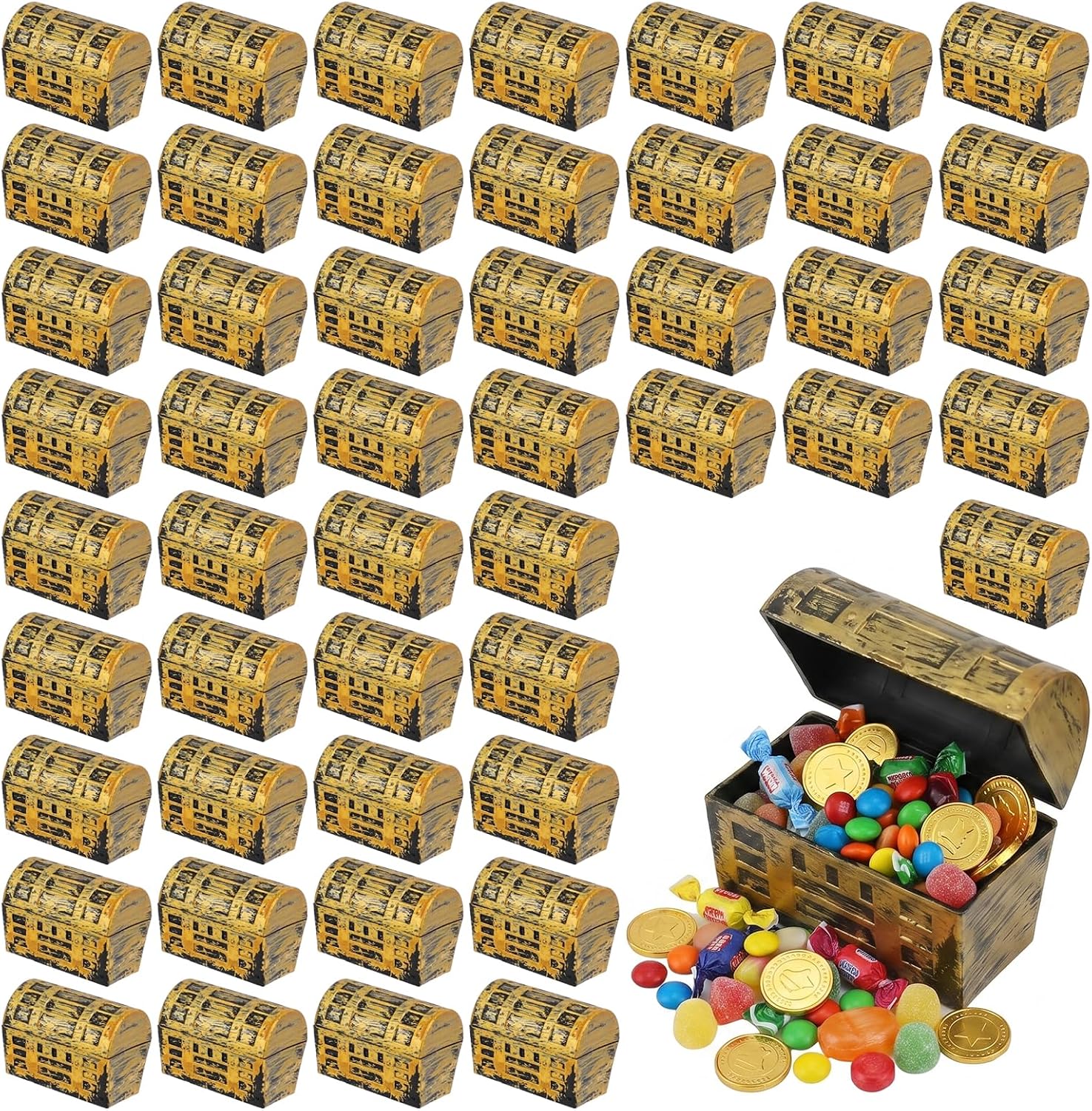 50 Pieces Mini Pirate Treasure Chests, 1.5 Inch Plastic Treasure Chests with a Gold Finish, Vintage Jewelry Storage Decorative Mini Box for Halloween Birthday Party Props