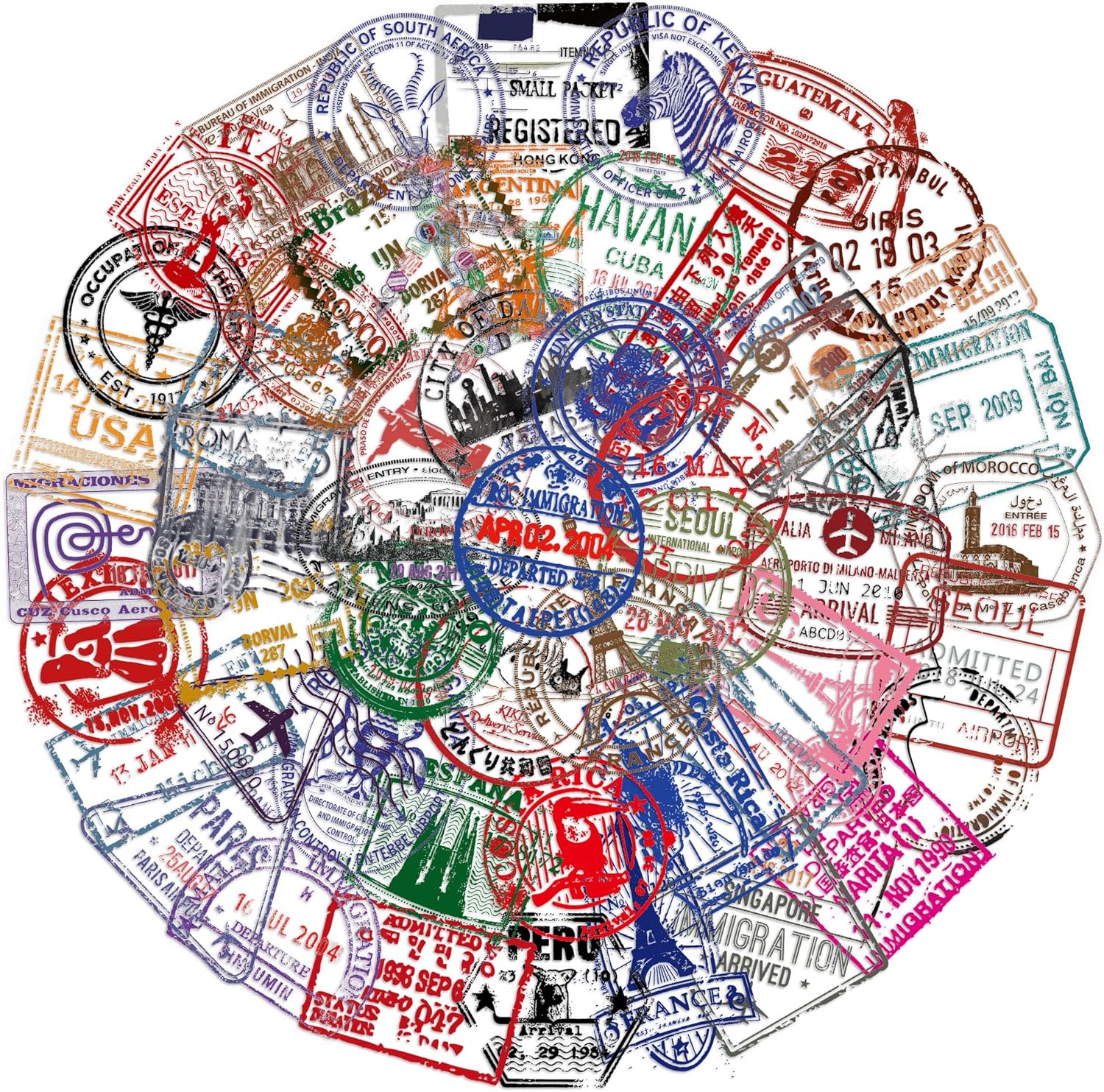 100 PCS Retro Stamp Travel Stickers, Vintage Postmark Travel Passport Sticker Decal for Suitcase Luggage Water Bottle Laptop Skateboard, Waterproof Vinyl Journals Decals-C02