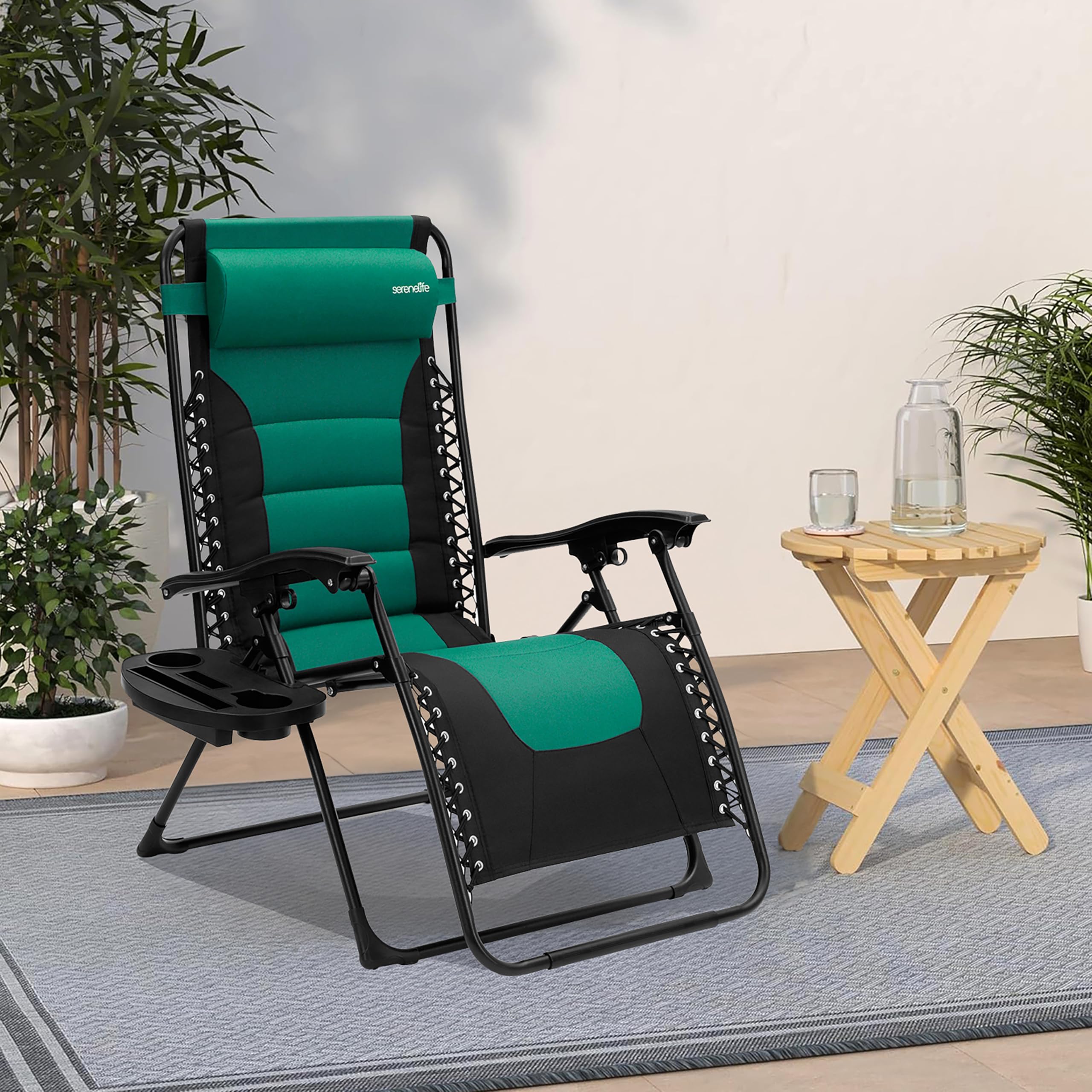 SereneLife Silla reclinable de Jardin, Patio, Tumbona, Acolchada, Bandeja Desmontable para portavasos, Exterior