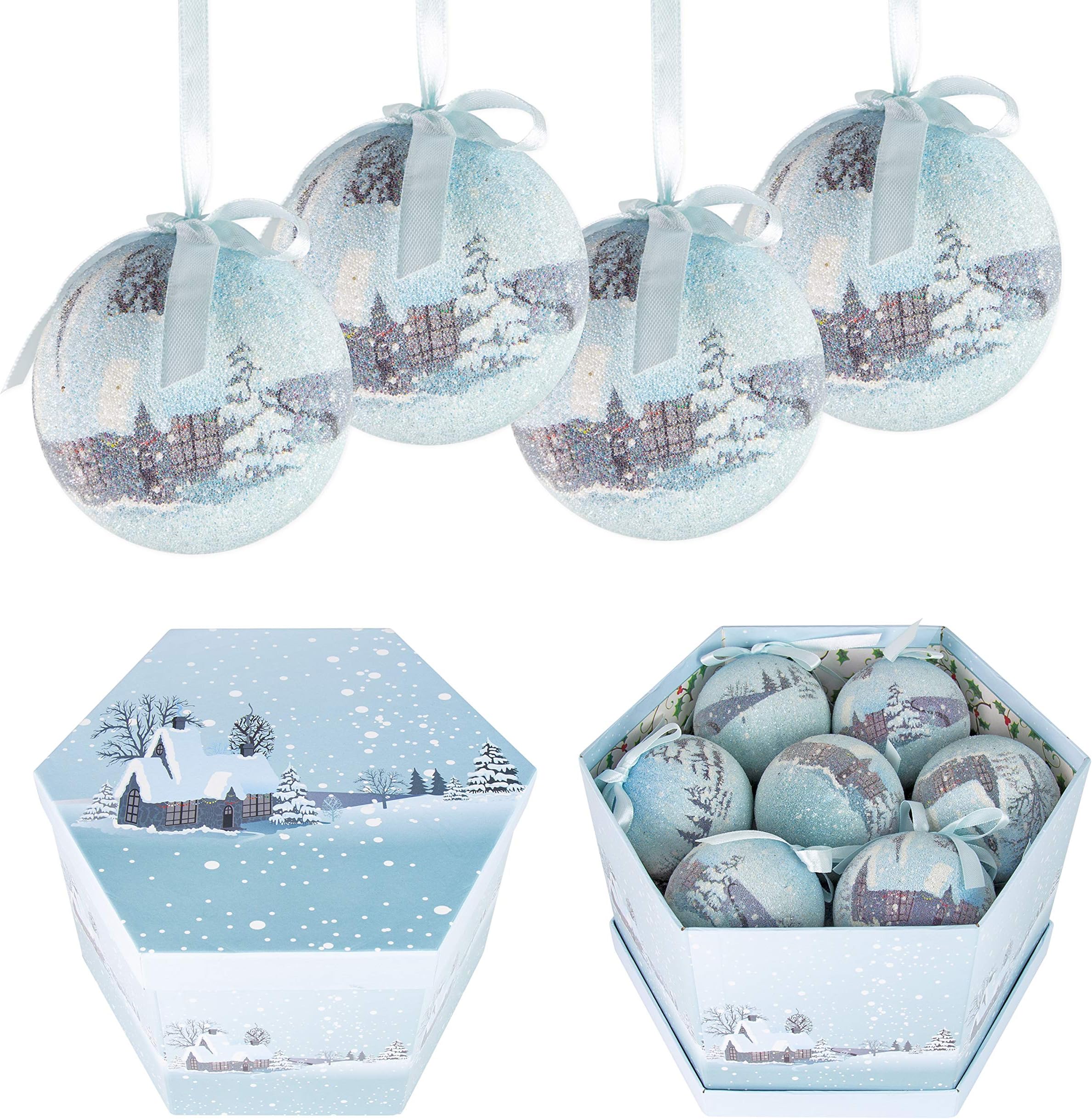 The Christmas Workshop Set of 14 Christmas Baubles/Various Festive Designs/Gift Boxed Christmas Tree Decorations / 7.5cm Diameter Baubles (Blue & White Snow Village)