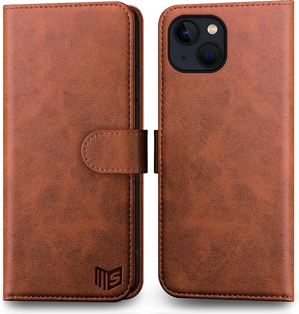 SUANPOT for iPhone 14 6.1" Genuine Leather Wallet case RFID Blocking4 Credit Card HolderReal Leather Flip Folio Book Phone case Protective Cover Women Men for Apple 14 5G case Light Brown