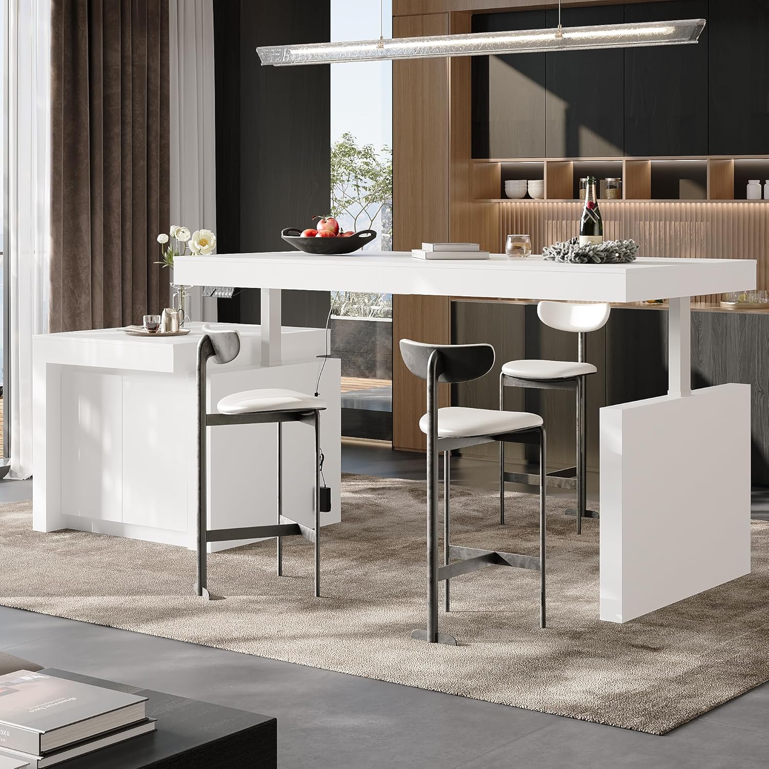 Height Adjustable Stationary Kitchen Island with Storage and Seating Area, 110.2" Long Modern Standing Island Bar Table with Shelves, White