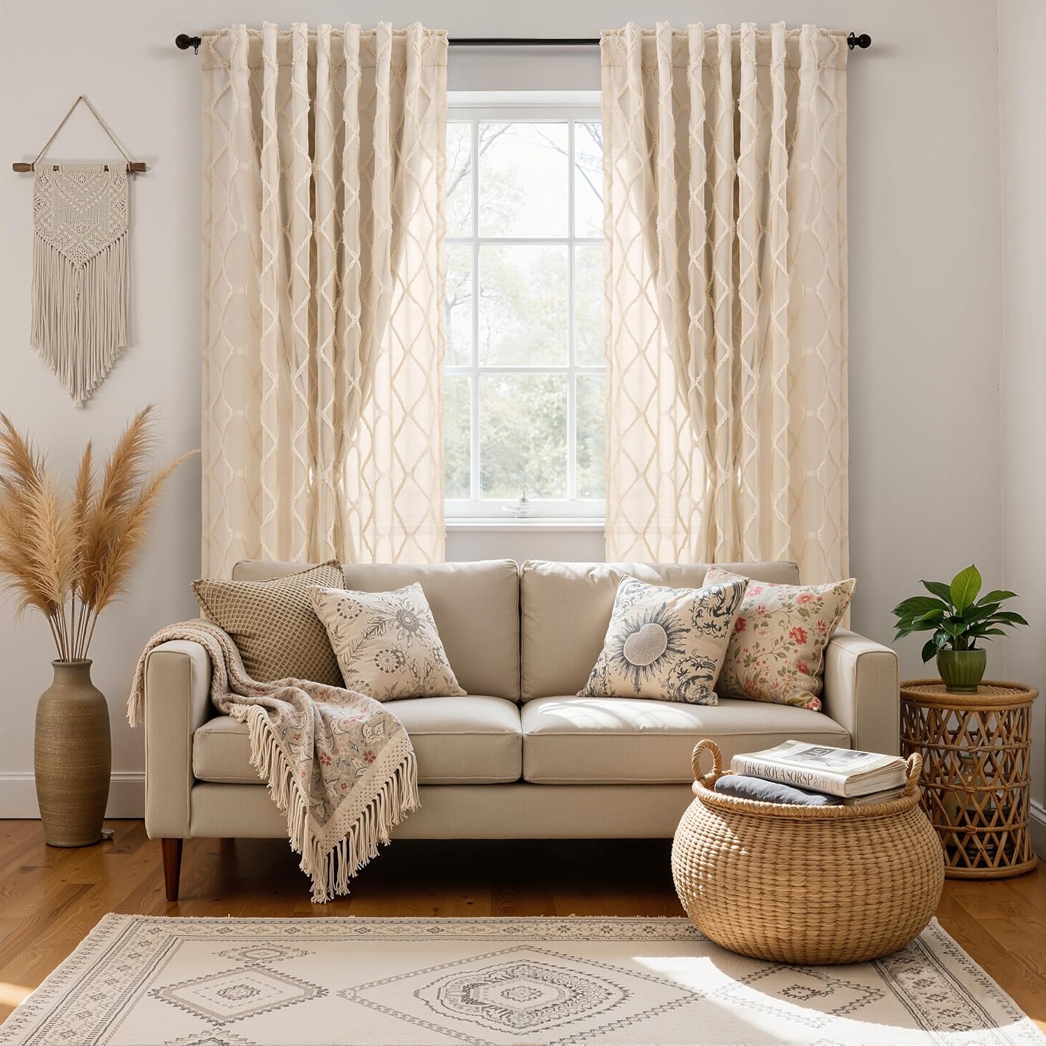 Guken Beige Boho 100% Blackout Double Layer Curtains Blackout 84 Inches Long for Living Room Bedroom Farmhouse Two Layer Pom Pom Curtains Back Tab Room Darkening Insulated Thermal Drapes for Nursery