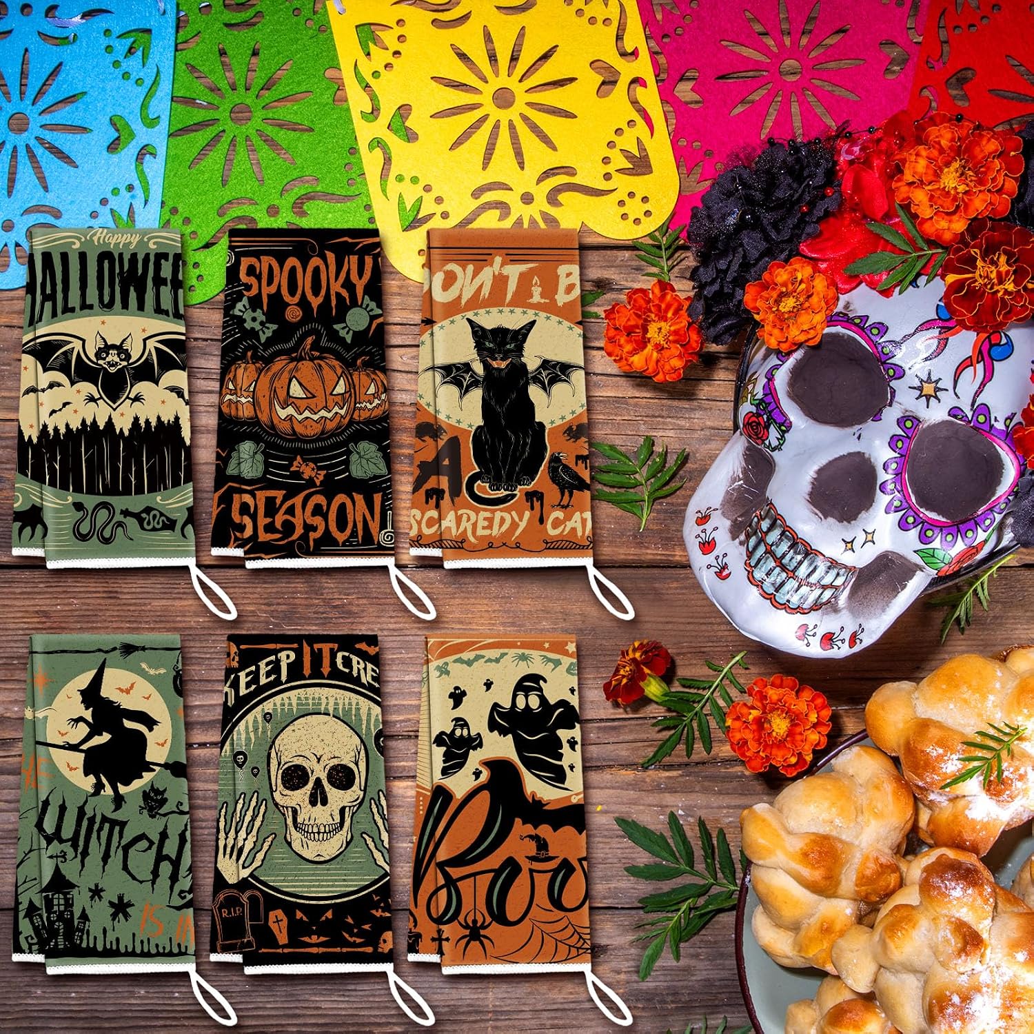 Ganeen 6 Pcs Halloween Kitchen Hand Towels Trick or Treat Towels Spooky Cat Bat Dish Holiday Tea Set Bathroom Decorative 14.2 x 21.3 Inch for Hand Bathroom Guest Holiday, Novel