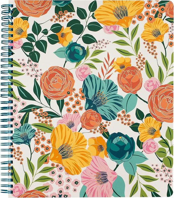 Steel Mill & Co Cute Floral Large Spiral Notebook College Ruled, 11" x 9.5" with Durable Hardcover and 160 Lined Pages, Garden Blooms (Cream)