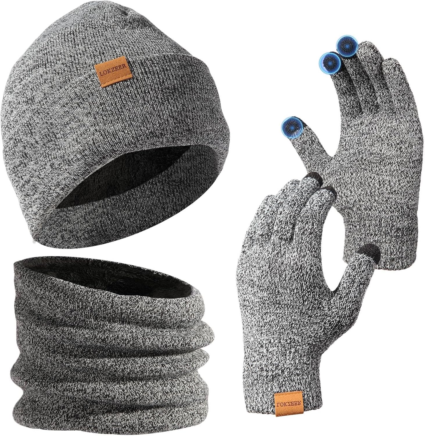 Winter Beanie Scarf Gloves Set for Men Women - Thermal Wool Lining Knit Beanies & Touchscreen Gloves (One Size)