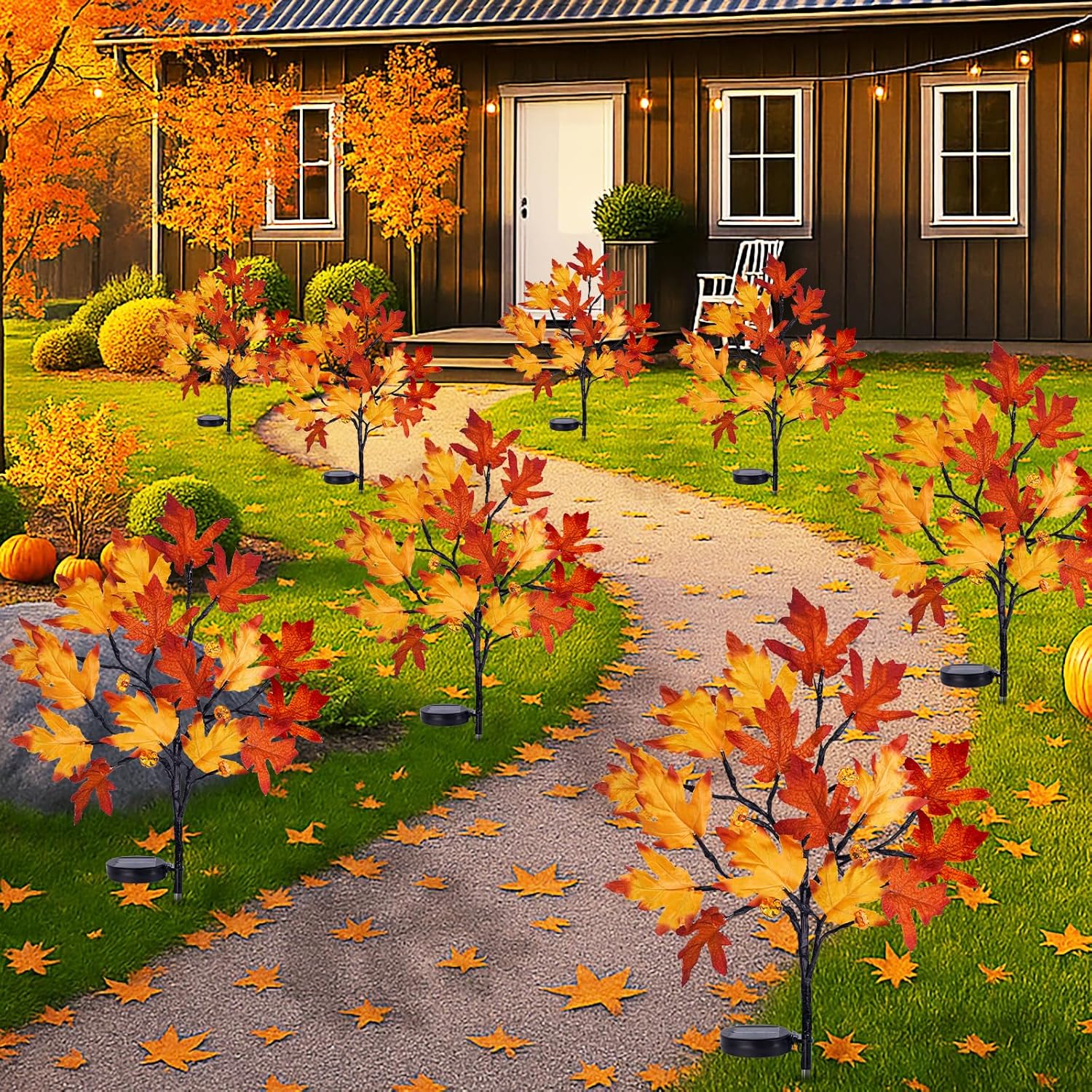 Fall Solar Pathway Lights 4PCS, Autumn Outdoor Harvest Decorations, Waterproof Maple Leaves Lights for Lawn Yard Garden Patio Walkway Driveway Landscape Lighting Auto On/Off