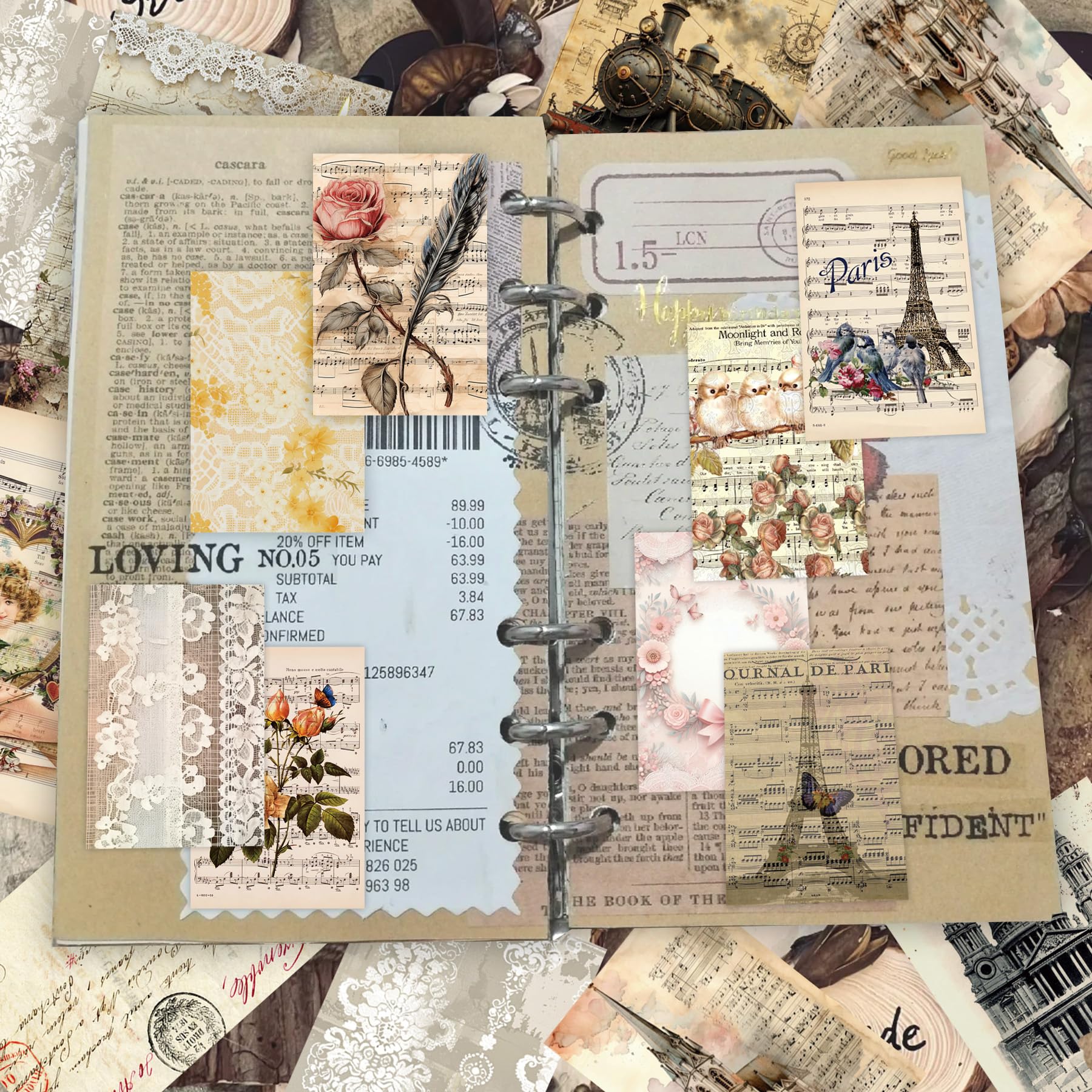 300 pezzi vintage Washi adesivi libro | Ephemera - Set di 6 temi per diari, scrapbooking, bullet journal, riutilizzabili e riposizionabili