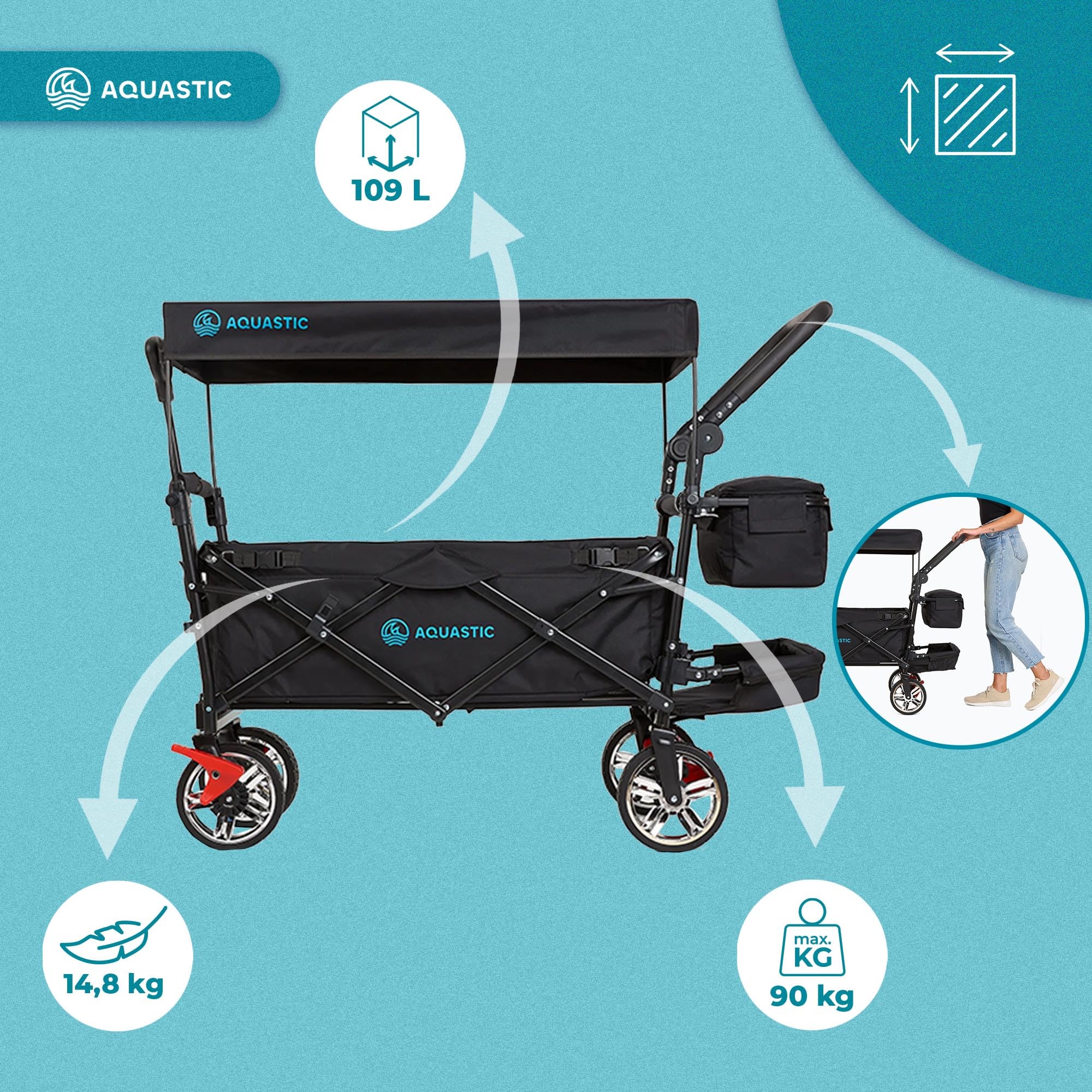 AQUASTIC Składany wózek transportowy 109 l, obciążenie 90 kg, szerokie gumowe koła z hamulcami, baldachim, uprząż, torba izolowana i pokrowiec - czarny