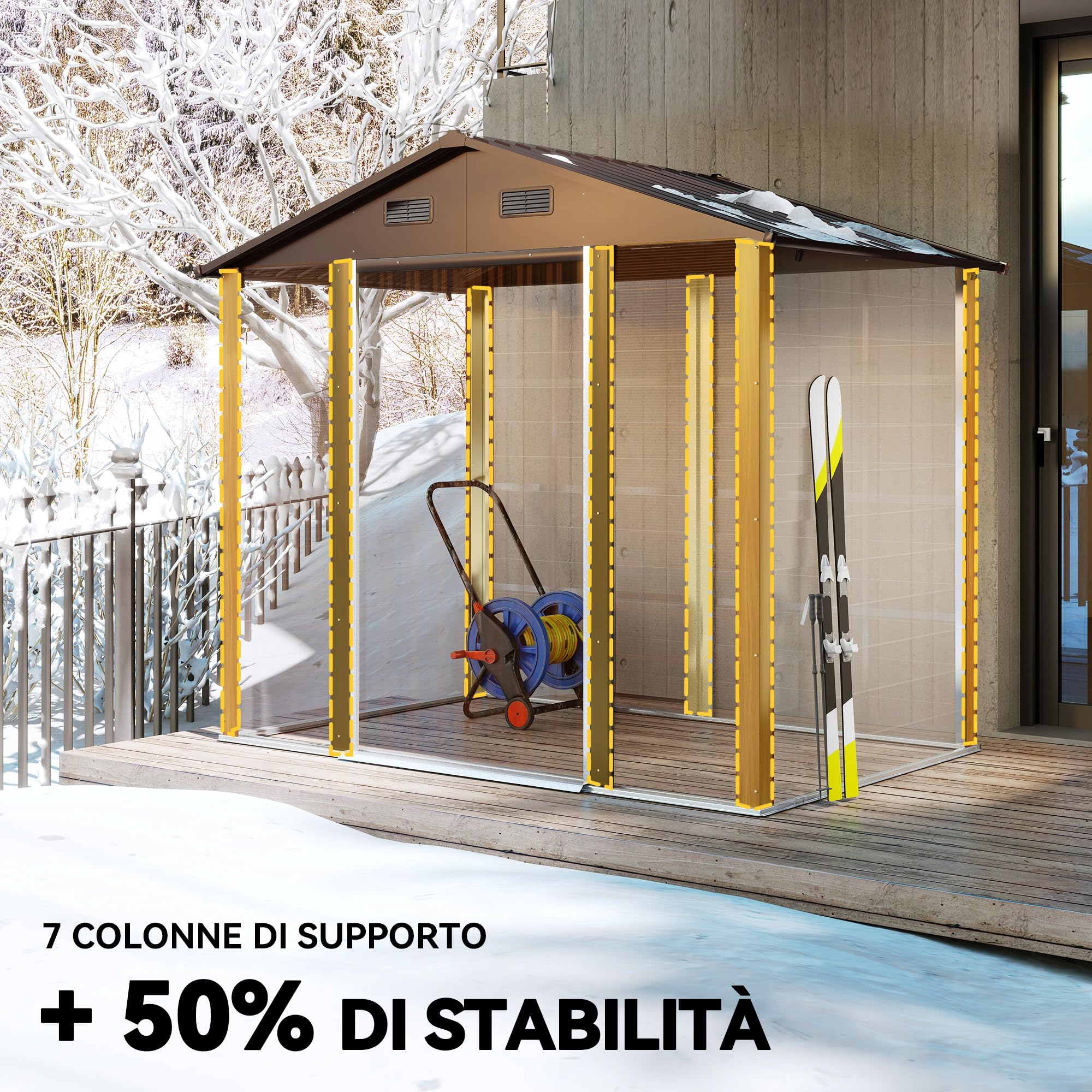Outsunny Casetta da Giardino 4.07m² Acciaio Zincato con Porta Attrezzi Tetto Inclinato Doppie Porte Scorrevoli Bloccabili Marrone