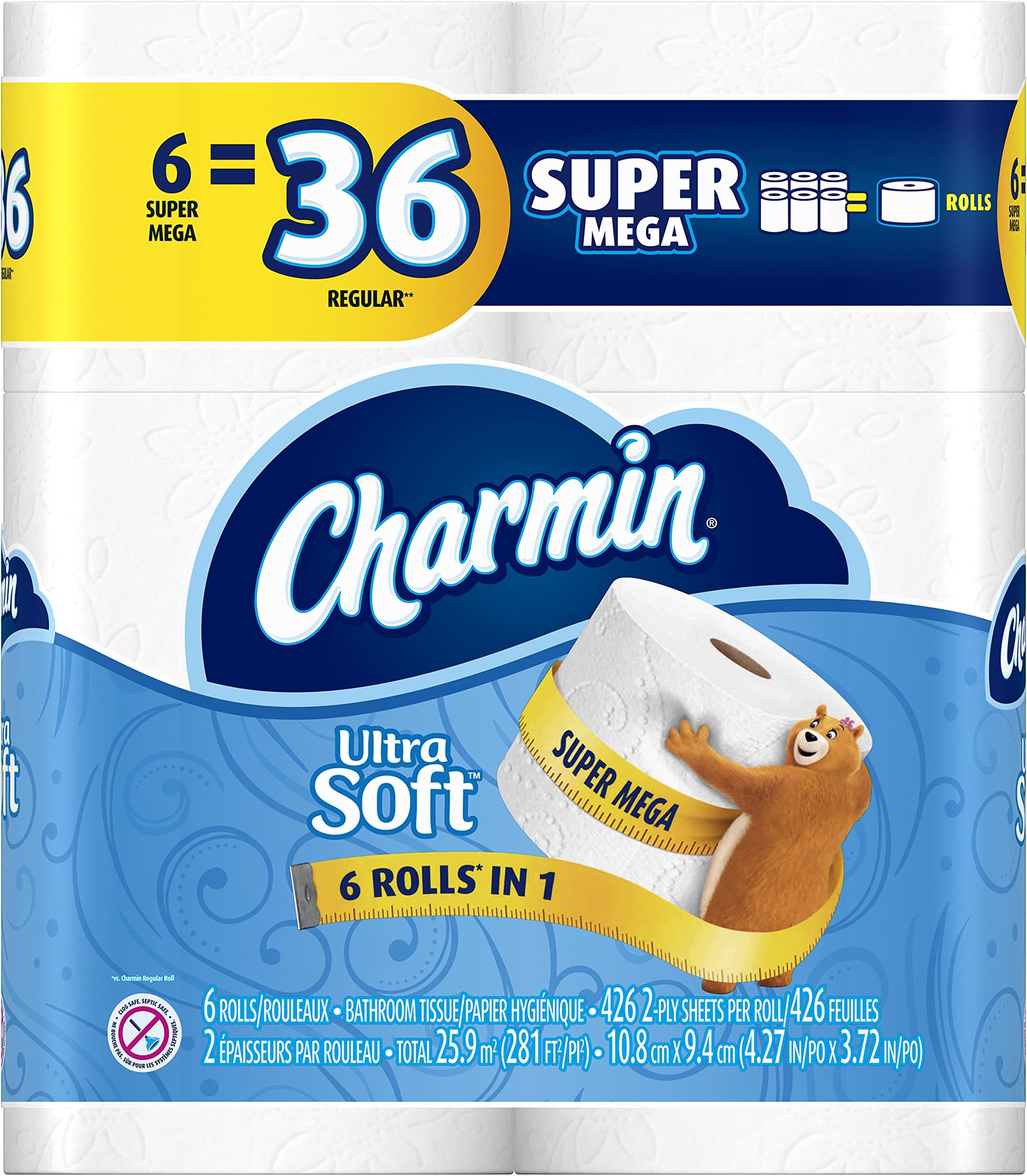 Amazon.com: Charmin Ultra Soft Toilet Paper Super Mega Rolls, 6 Count ...