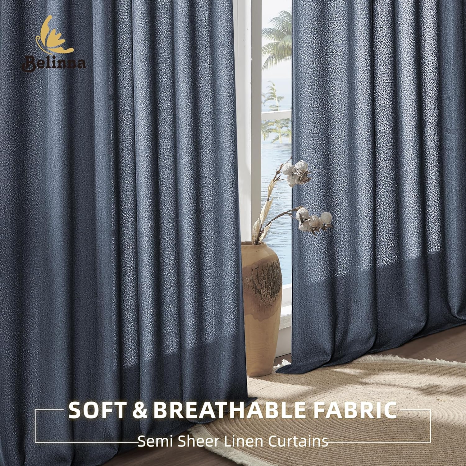 Back Tab Curtains 84 Inches Long Linen Blended Semi Sheer Curtains 2 Panels Set, Dark Blue Extra Wide Drapes for Patio Hallway Door French Window, Navy Blue Curtain 50x84 Inches Length