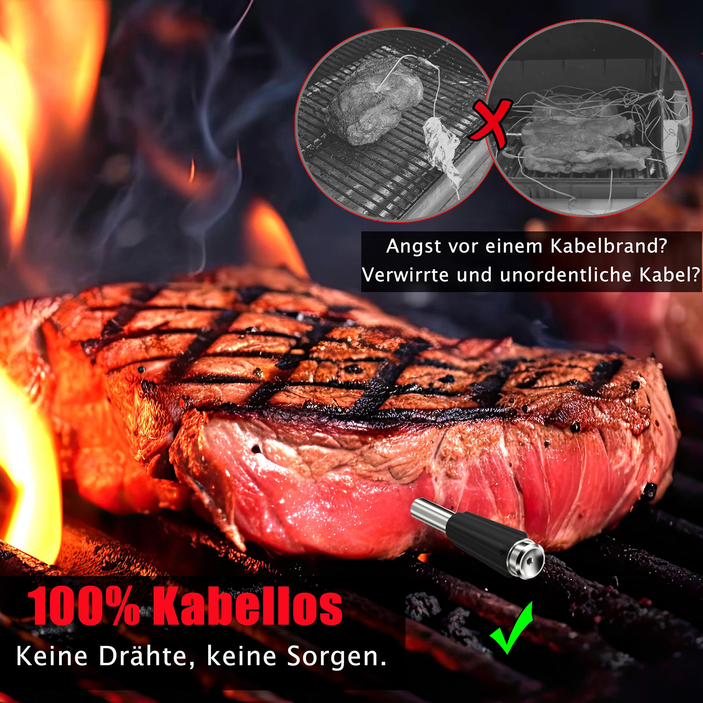 Fleischthermometer Kabellos Grillthermometer mit zwei dünneren Sonden APP Bluetooth 100m Meat Thermometer Bratenthermometer für Backofen Grill Smoker Rotisserie.Weihnachtsgeschenke