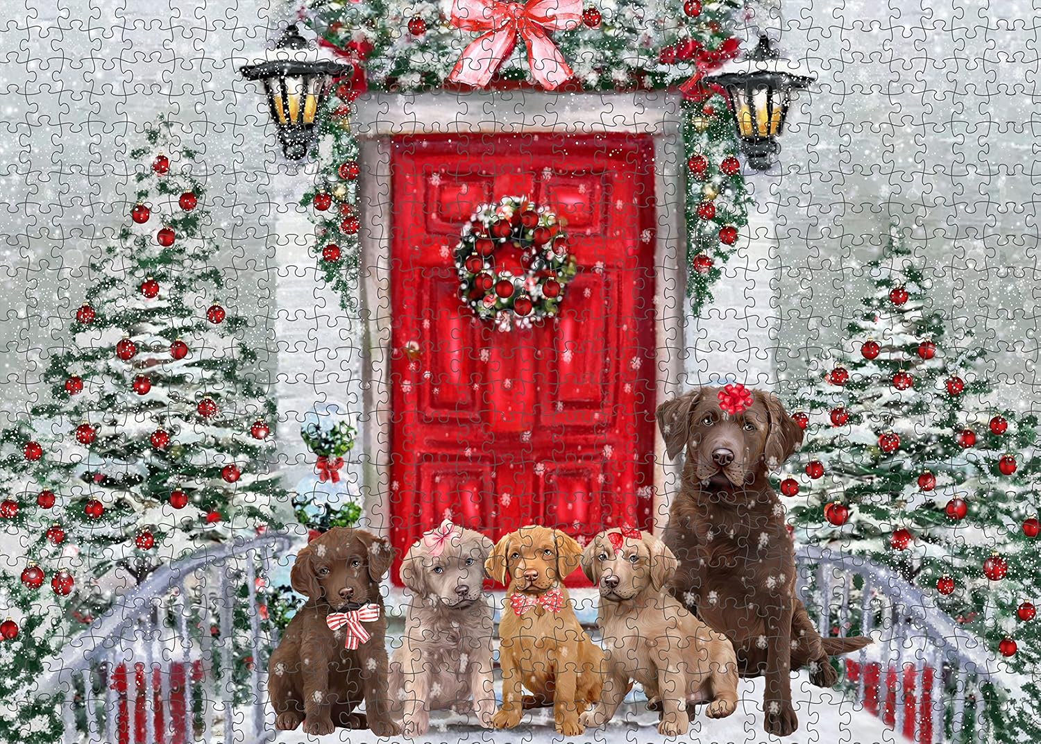 Christmas Holiday Welcome Chesapeake Bay Retriever Dogs Jigsaw Puzzle for Adults - Animal Printed Interlocking Puzzle Game Artwork - Gift for Dog Lover's - 1000 Pcs 29.5"x19.7"