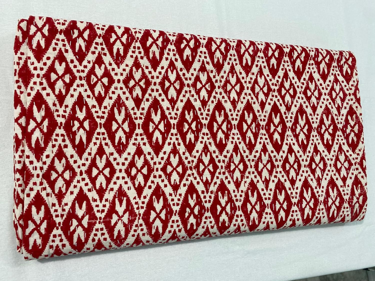 Red N White Ikat Block Print Cotton Bedspread Blanket for Bedroom Sofa Indian Bedding Handmade Kantha Quilt (RED & White SKRPRA, Twin (60X90), Ikat-Style Diamond Block Print)