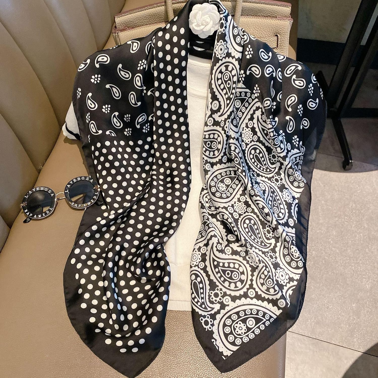 K-Elewon Large Square Scarf 43" Silk Scarf Fashion Scarves Silk Feeling Hair Wrapping Scarfs Night Sleeping Headscarf - Image 4