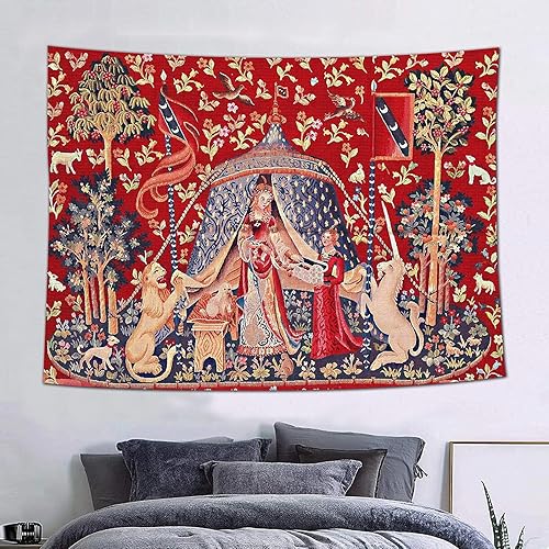 FEASRT Tapiz real medieval europeo de doncella y unicornio para dama, 60 x 40 pulgadas, franela suave, para colección de arte medieval de tapiz