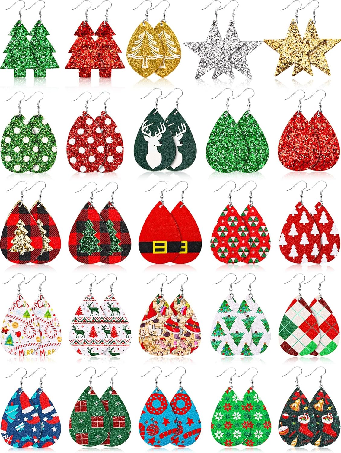Hicarer 25 Pairs Christmas Dangle Bulk Faux Leather Earrings for Women Christmas Tree Earring Teardrop for Women