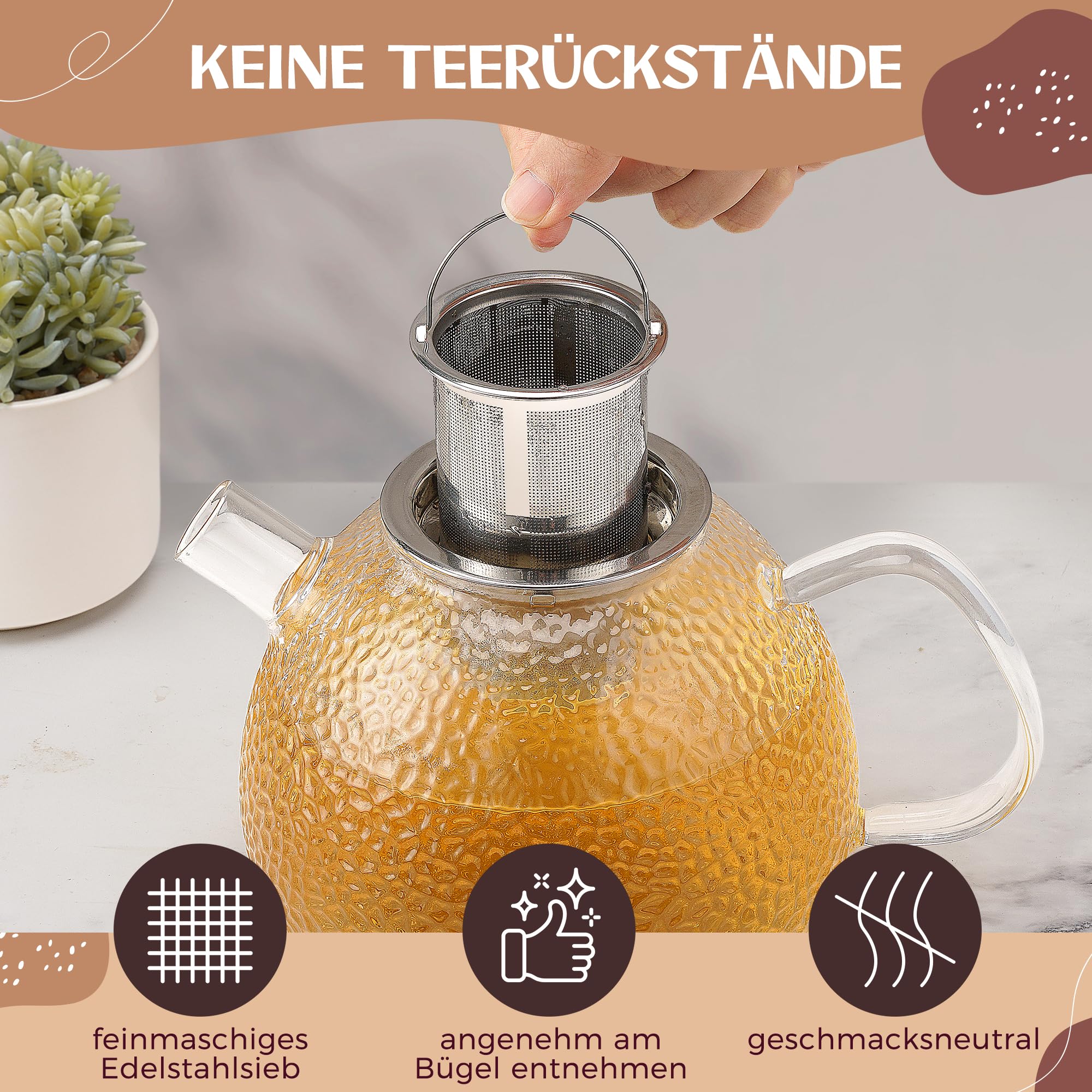 Glas Teekanne mit Siebeinsatz - 1,5 Liter - Erhöhte Glasstärke - Teekanne Glas - Teezubereiter für Losen Tee - robuster Teebereiter - Glaskanne Tee - Teegeschirr | Teezubehör