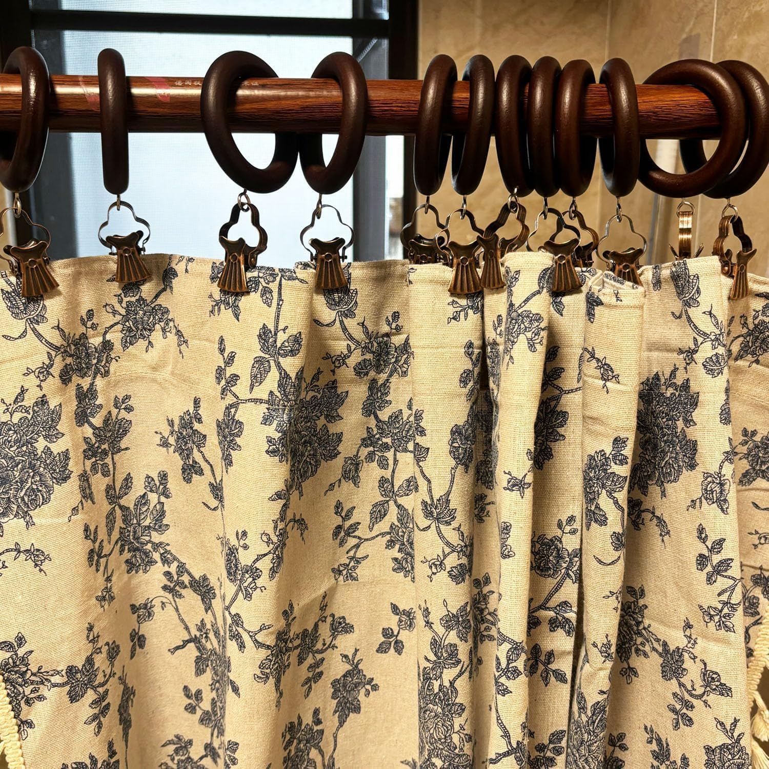 24 Pack Wooden Curtain Rod Rings with Clips, Farmhouse Retro Brown 1.77 Inch Inner Diameter for 1.3-1.5 Inch Curtain Rod Poles