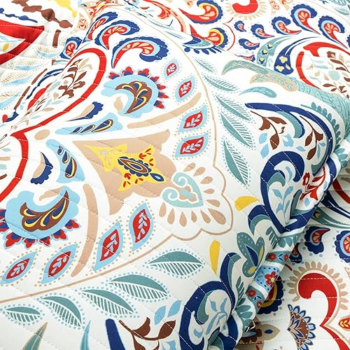 Miniatura 5 de Lush Decor Juego de edredón reversible de algodón bohemio chic de 3 piezas, tamaño King, espuma de mar y rojo, estampado de cachemira brillante,