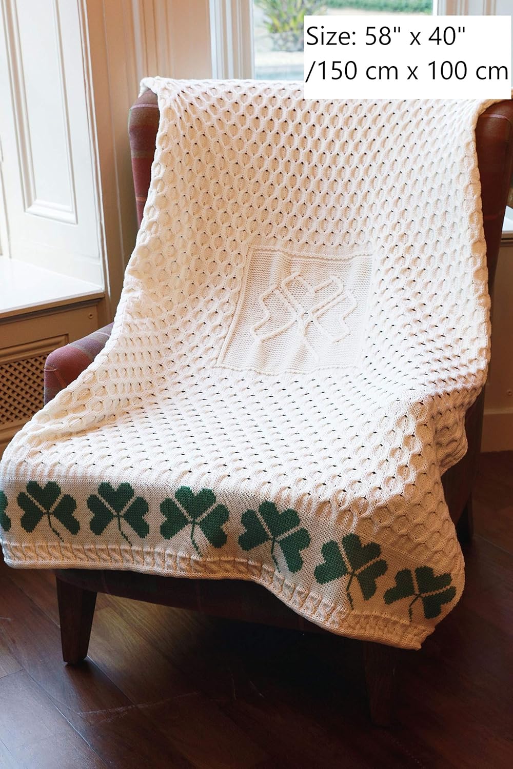 Irish Shamrock Blanket Cable Knit 100% Merino Wool Couch Throw Made in Ireland