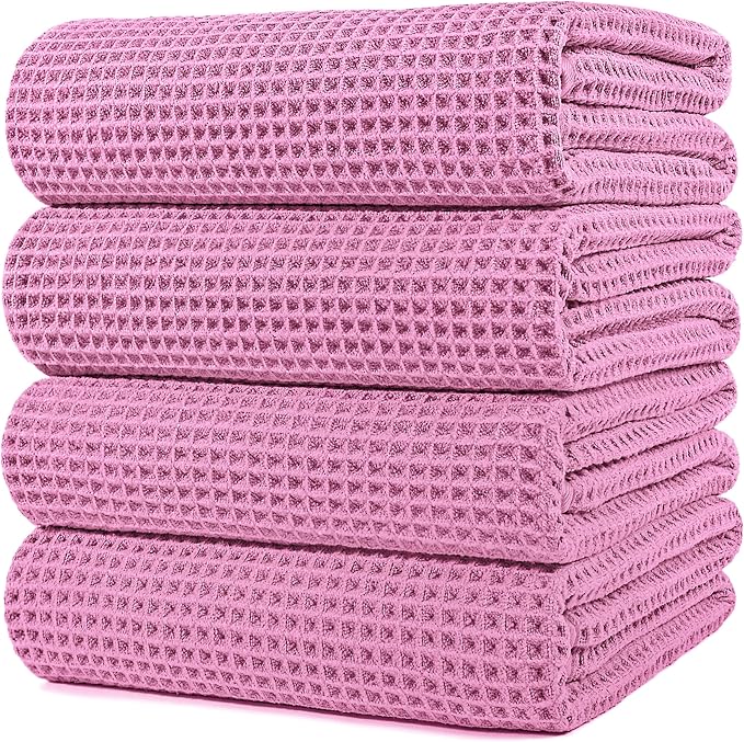 Beige (not pink) POLYTE 430 GSM Microfiber Oversize Quick Dry Lint Free Bath Towel, 60 x 30 in, 4 Pack (Waffle Weave)