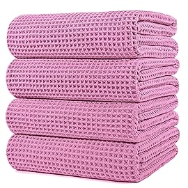 POLYTE 430 GSM Microfiber Oversize Quick Dry Lint Free Bath Towel, 60 x 30 in, 4 Pack (Waffle Weave)