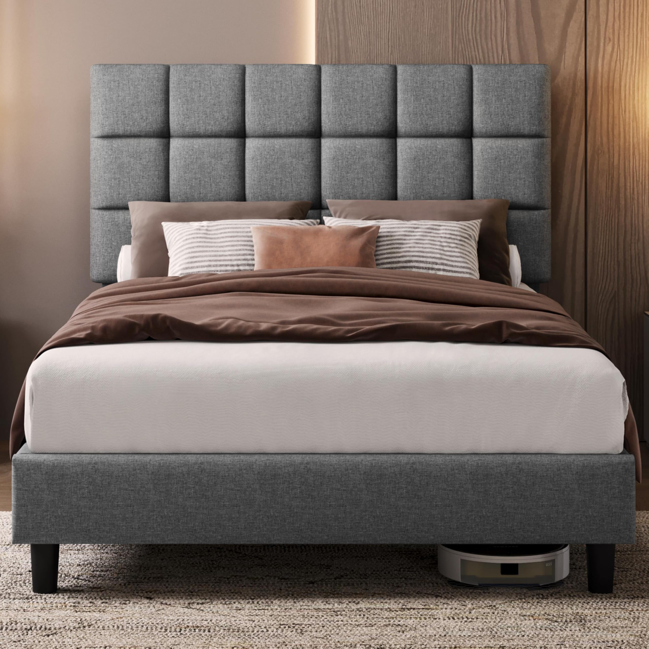 Yaheetech Double Upholstered Bed Frame with Adjustable Square Tufted Headboard/Linen Fabric/Sturdy Wooden Slat Support/No Box Spring Needed, 4ft6 Light Grey