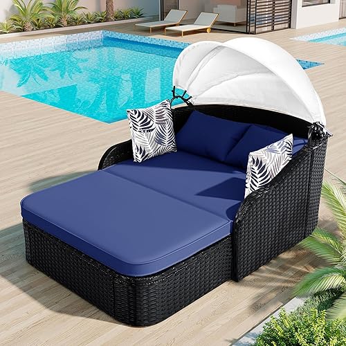 Miniatura 10 de Merax, Cama de salón doble, sofá de ratán azul para exteriores con toldo retráctil, juego de sofá de conversación seccional para patio trasero y