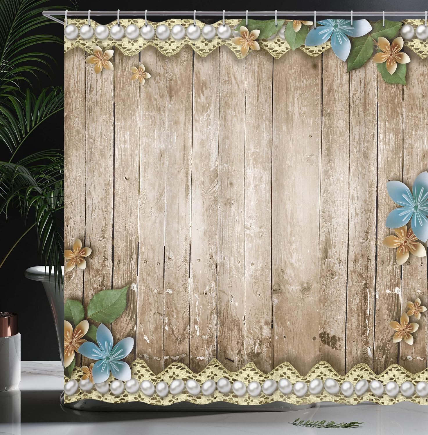 Ambesonne Pearls Shower Curtain, Rustic Wooden Planks Backdrop Flowers Pearls Lace Old Vintage Style Image Print, Cloth Fabric Bathroom Decor Set with Hooks, 69" W x 84" L, Beige Blue
