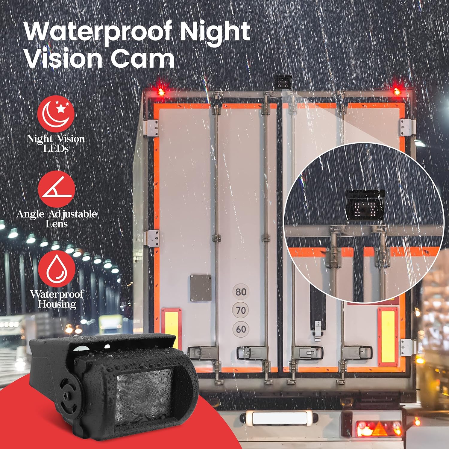 Waterproof night vision camera mounted on the back of a truck in the rain