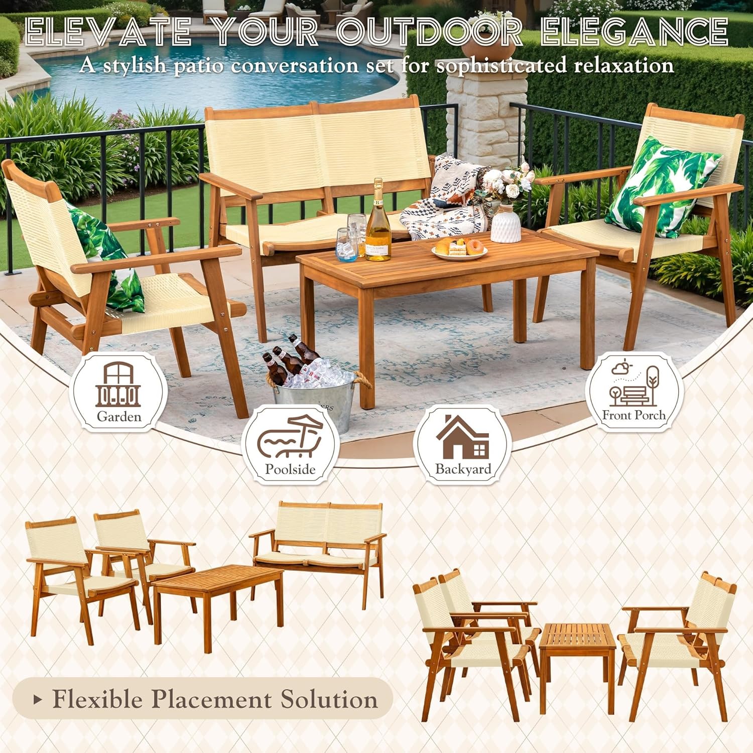 4 Pieces Wood Patio Conversation Sets with Hand Woven Rope Seats and Back Outdoor Chair and Table Patio Furniture Set for Backyard Porch Balcony Poolside(Black)