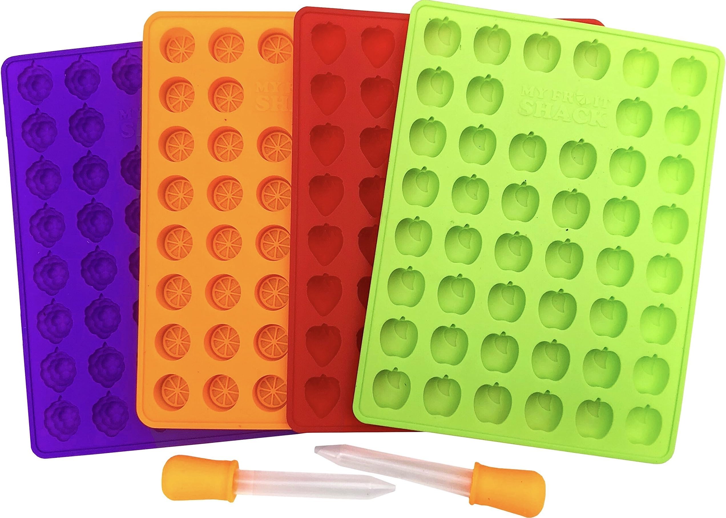 DIY Fruit Snacks Set - 4 BPA-Free 100% Pure Silicone Molds (Makes 184 Gummies Total) 2 Droppers and 1 Basic Recipe Page