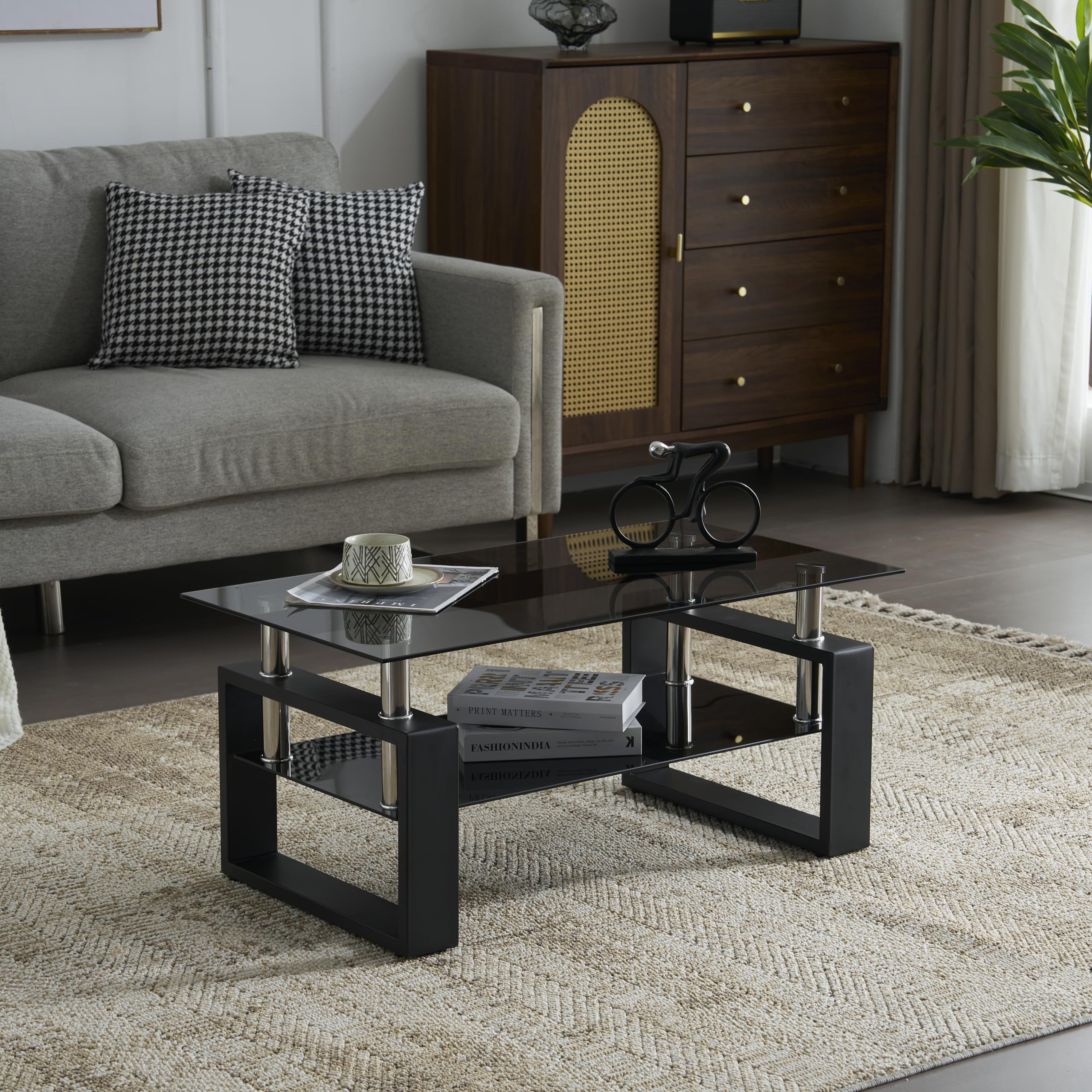 Amazon.co.jp: ローテーブル コーヒーテーブル ガラステーブル 収納棚