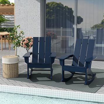 WestinTrends Ashore Patio Rocking Chairs Set of 2, All Weather Poly Lumber Plank Adirondack Rocker Chair, Modern Farmhouse Outdoor Rocking Chairs for Porch Garden Backyard and Indoor, Navy Blue
