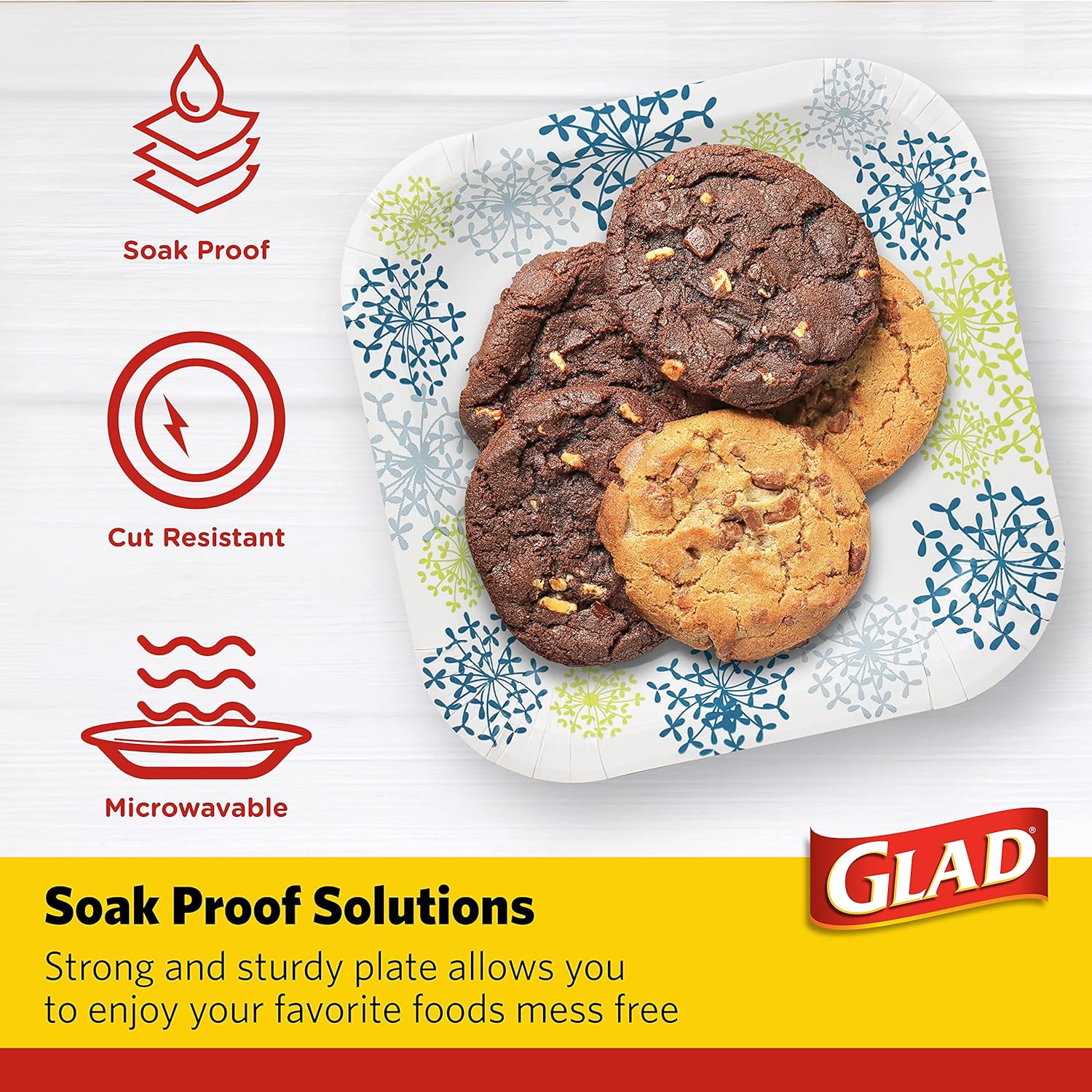 Glad Everyday Round Paper Plates, Blue Hydrangea Print Disposable Dessert Plates for Meals and Parties, Soak Proof and Cut Resistant, Microwave Safe Tabletop Plates, 7 Inch, 50 Count - 12 Pk