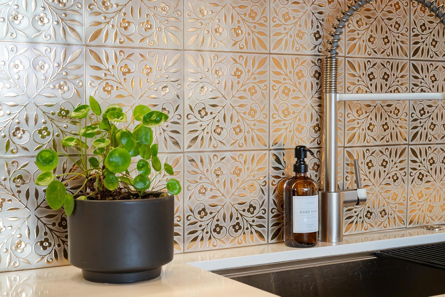 Main Street 24-Pack of 8 x 8" Wallpaper Tiles Peel and Sitck in White and Gold Leaves Design for Kitchen Backsplash, Renter Friendly, Paper Wall Tiles for Your Home and DIY Projects