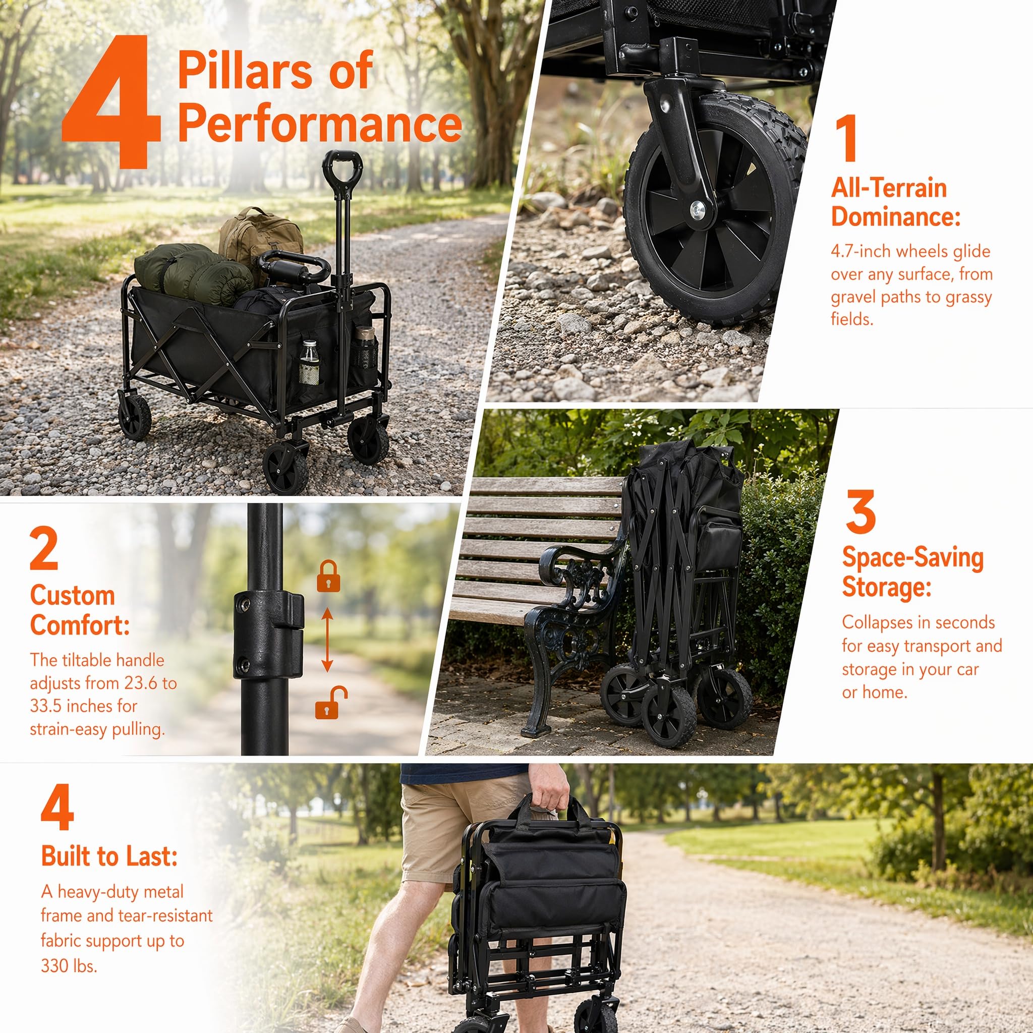 Carrello pieghevole da 80 l, rimovibile, portata fino a 150 kg