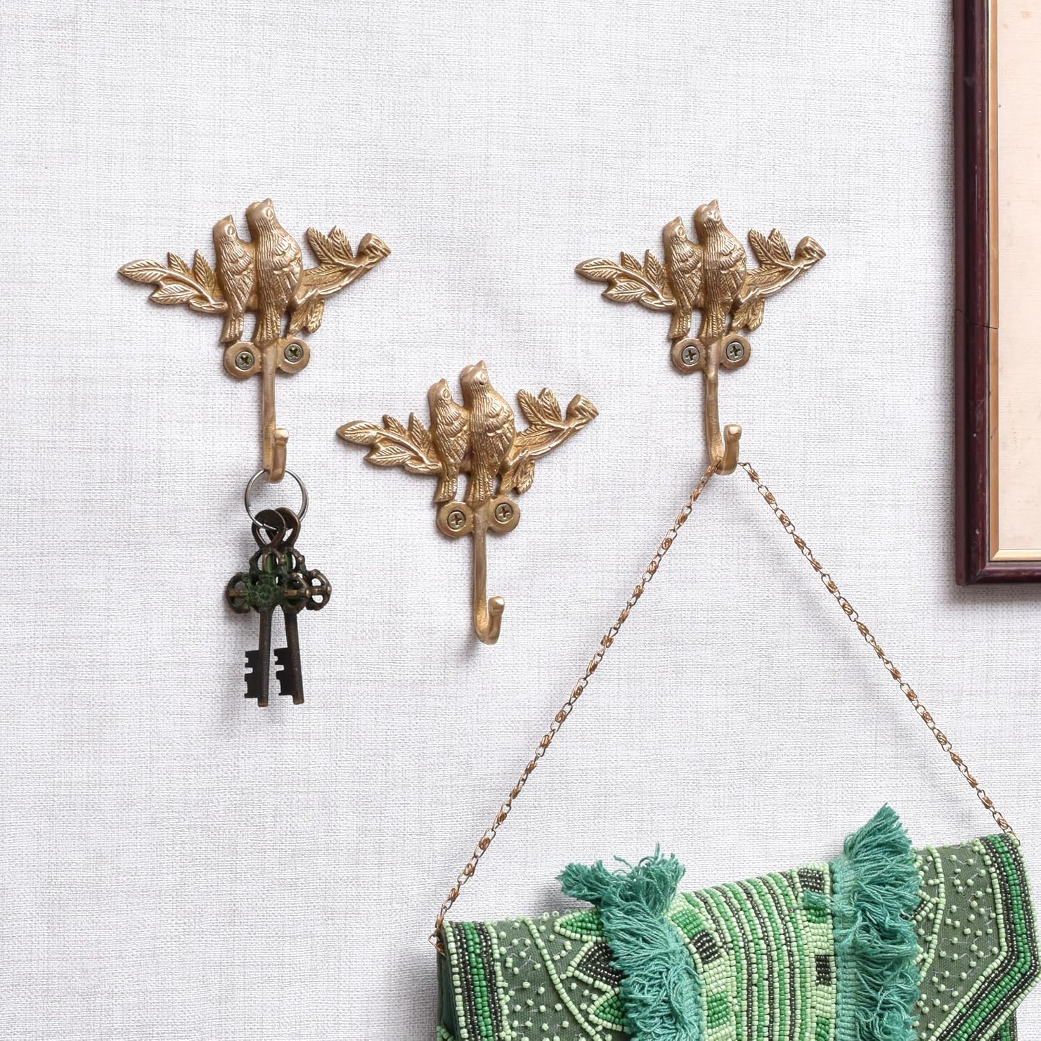 Indian Shelf 33Lb. 3 Piece Vintage Kids Bird Wall Hooks for Hanging Coats, Bags, Backpack, Purse, Hat Coats Gold Decorative Hooks Brass Key Holder