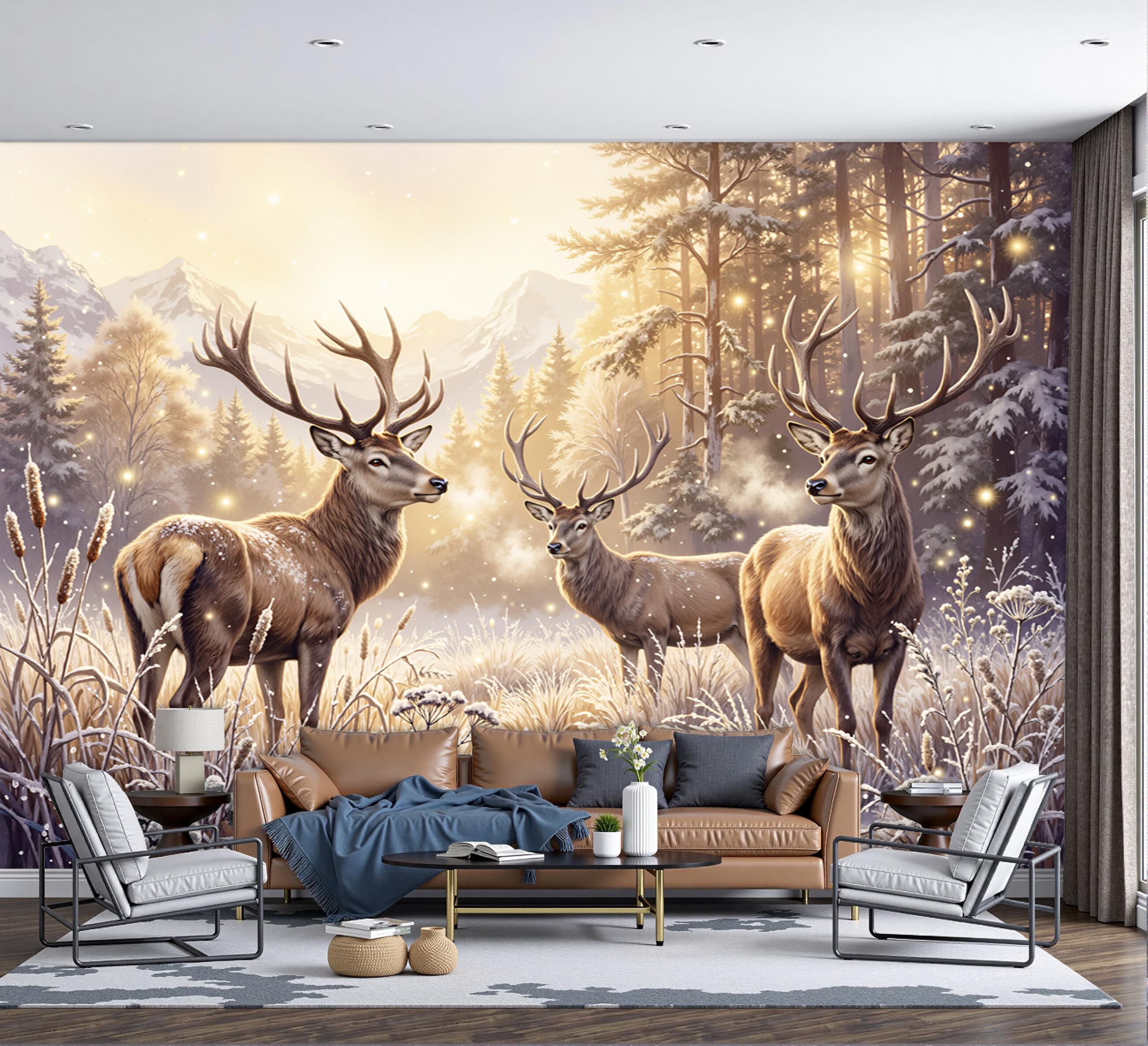 Papier peint panoramique cerf forêt enneigée 200x140cm pour décoration salon
