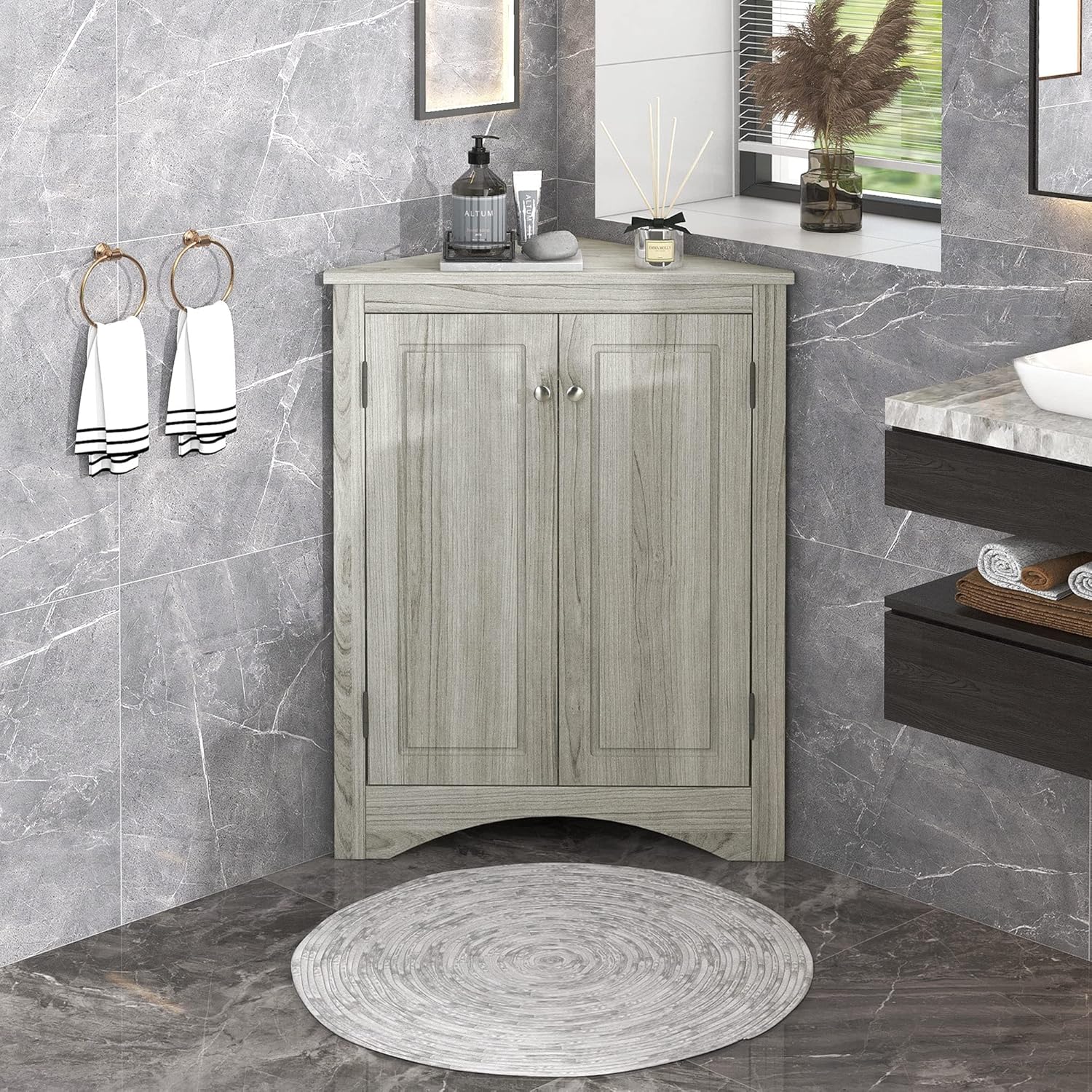Corner Cabinet with Doors, Corner Bathroom Storage Cabinet with 2 Adjustable Shelves, Freestanding Bathroom Floor Corner Cabinet for Kitchen, Bathroom, Living Room (Oak), 17.2''W x 31.5''H