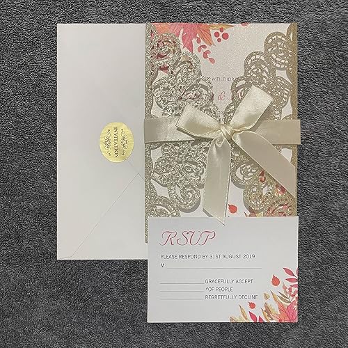 Miniatura 4 de Kit de 50 invitaciones de boda con purpurina dorada cortadas con láser con sobres, confirmación de asistencia y cintas preatadas para boda,