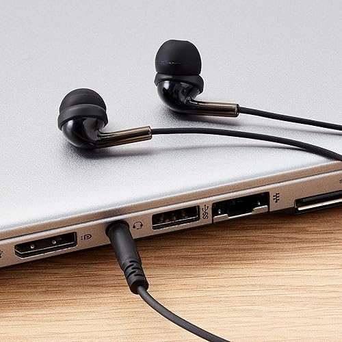 Miniatura 6 de Amazon Basics - Auriculares con cable con micrófono, intrauditivos, conector de 3,5 mm, cable de 1,3 m de largo, almohadillas S/M/L, negro