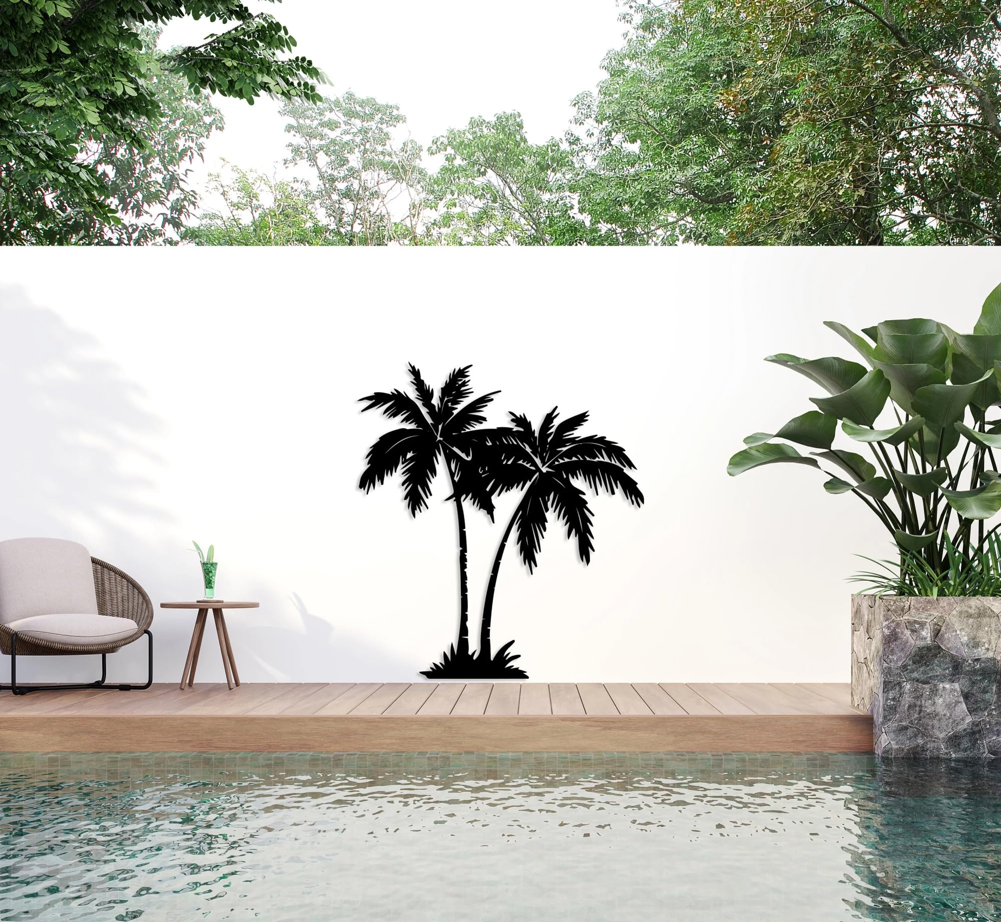 Decoración de pared abstracta contemporánea de metal con palmera tropical - Arte costero para casa de playa, exterior/interior. Letrero rústico para colgar plantas en el patio, junto a la piscina