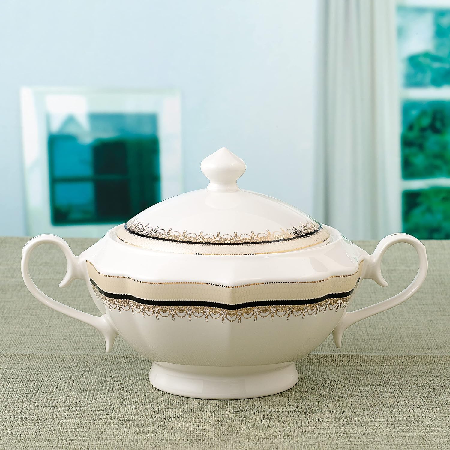 Lorren Home Trends La Luna Collection Bone China Souptureen and Lid, Dalilah Design