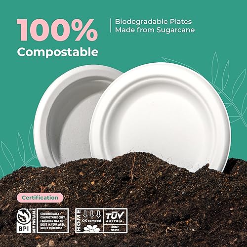 Miniatura 3 de Paquete de 125 Platos de papel compostables, platos redondos biodegradables de 8 pulgadas, platos desechables de alta resistencia, plato de caña de